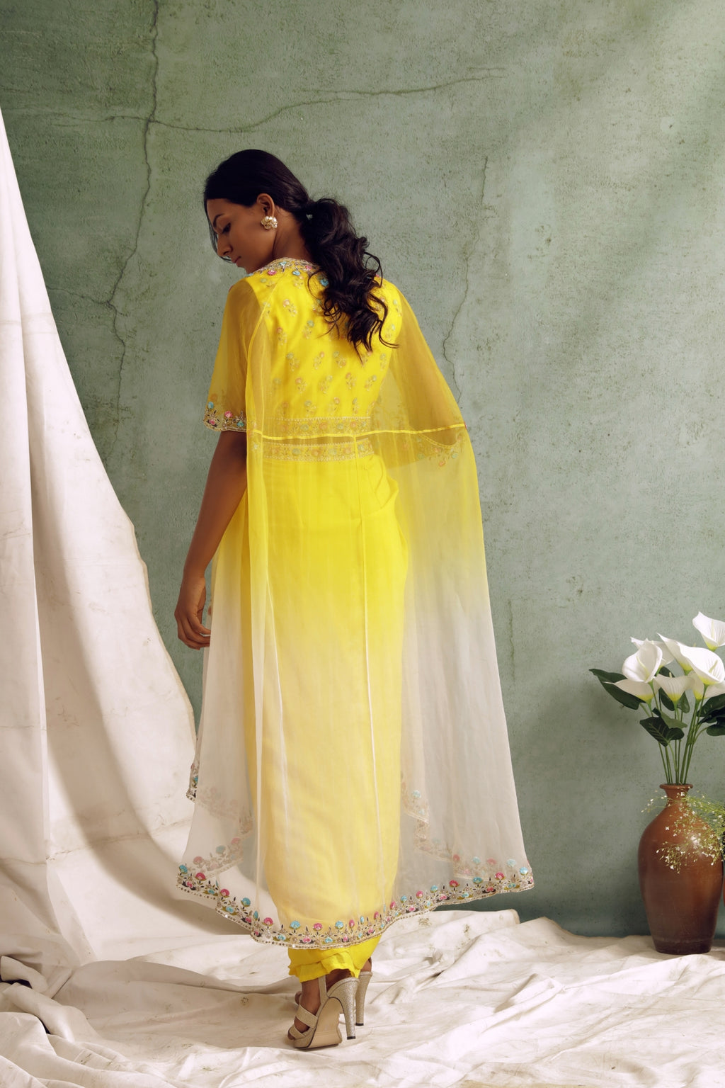 Yellow Crop Top With Draped Skirt And Cape