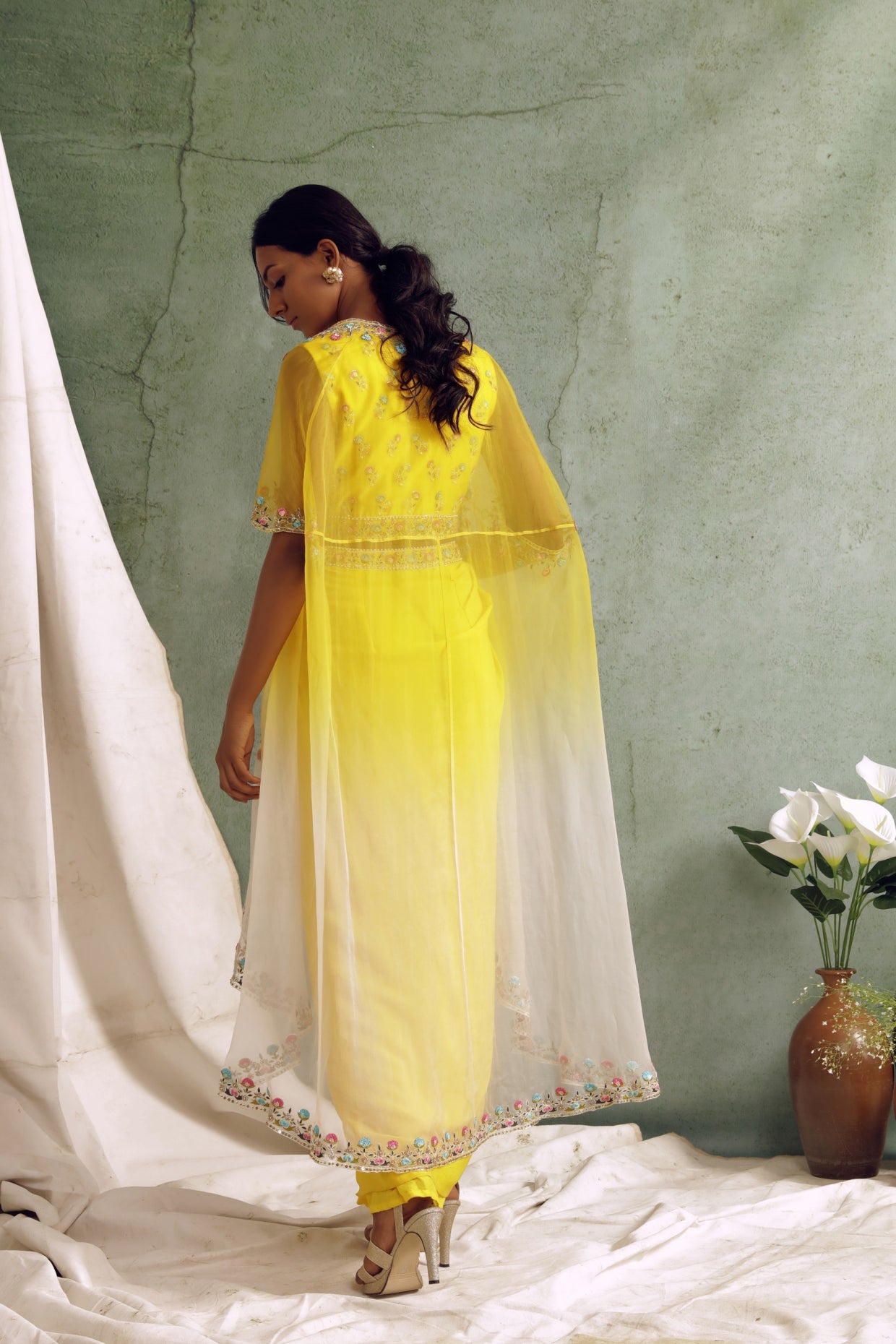 Yellow Crop Top With Draped Skirt And Cape