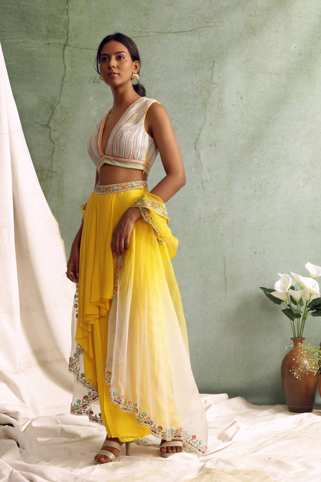 Yellow Draped Skirt And Cape Set
