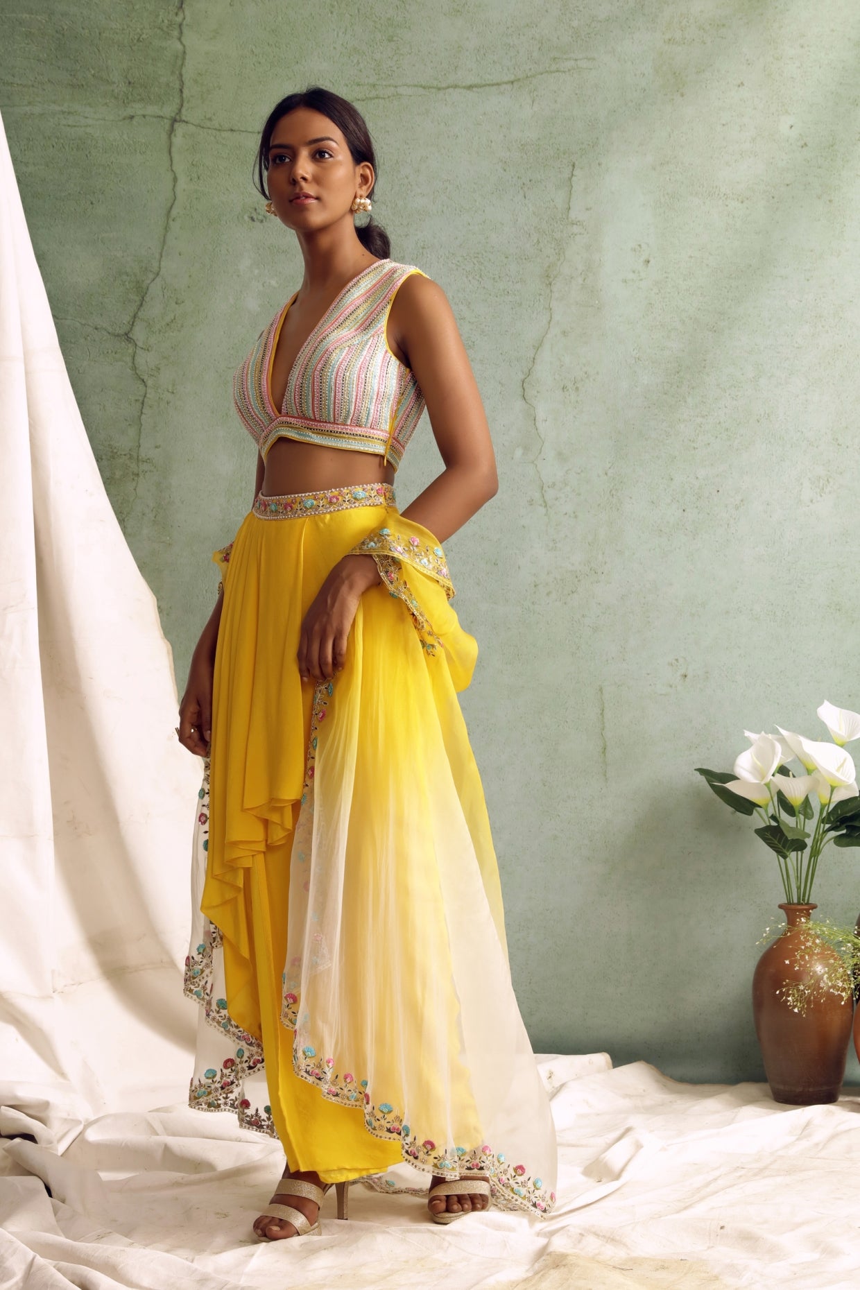 Yellow Draped Skirt And Cape Set