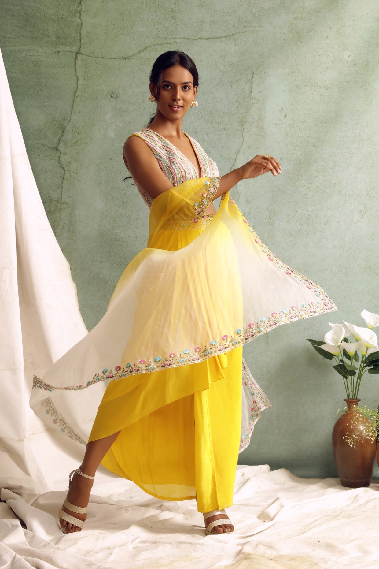 Yellow Draped Skirt And Cape Set