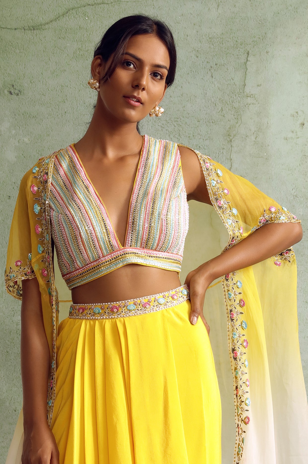 Yellow Draped Skirt And Cape Set