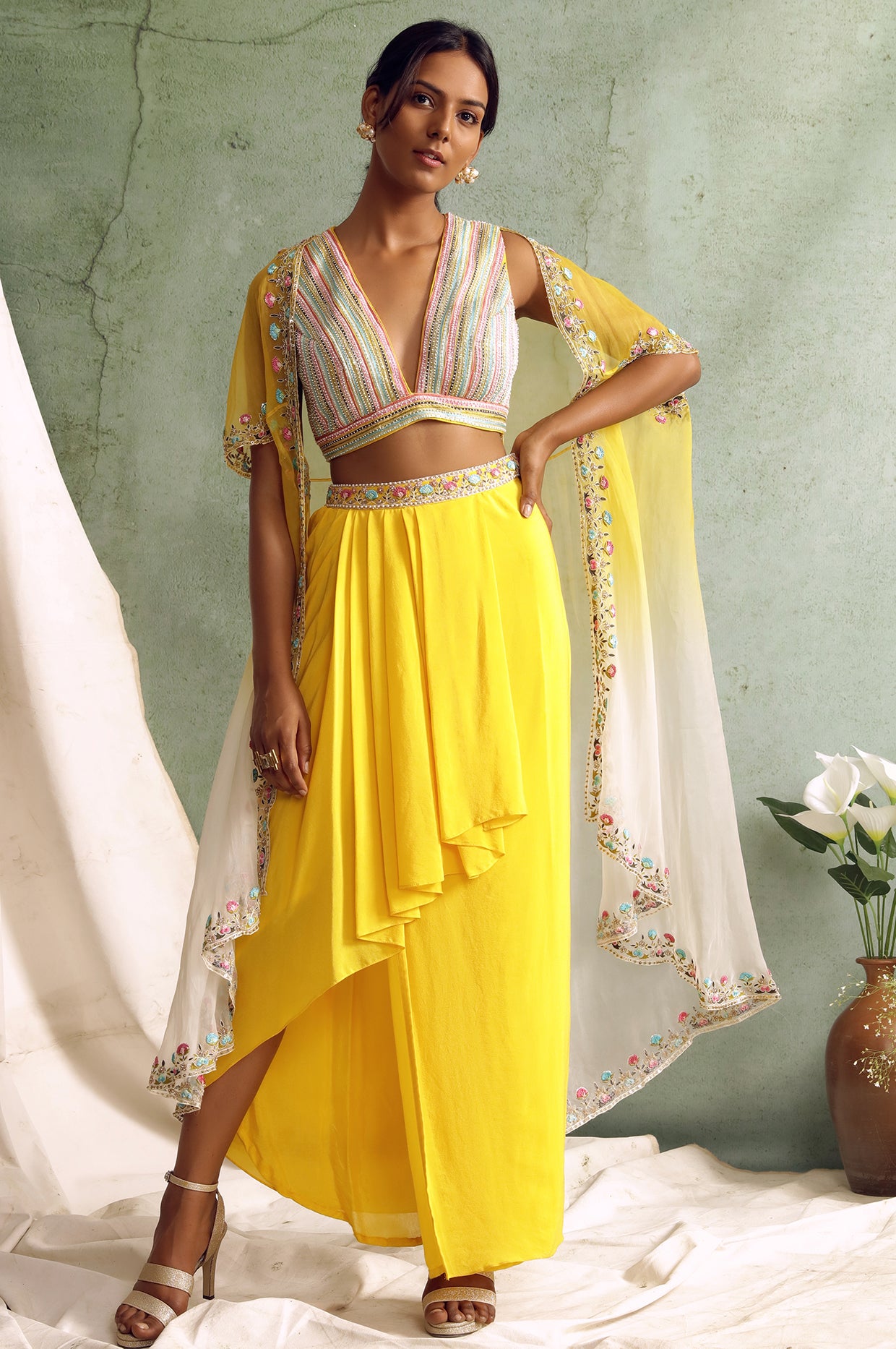 Yellow Draped Skirt And Cape Set
