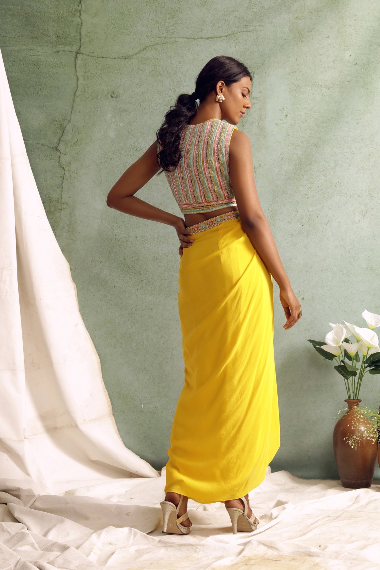 Yellow Draped Skirt And Cape Set