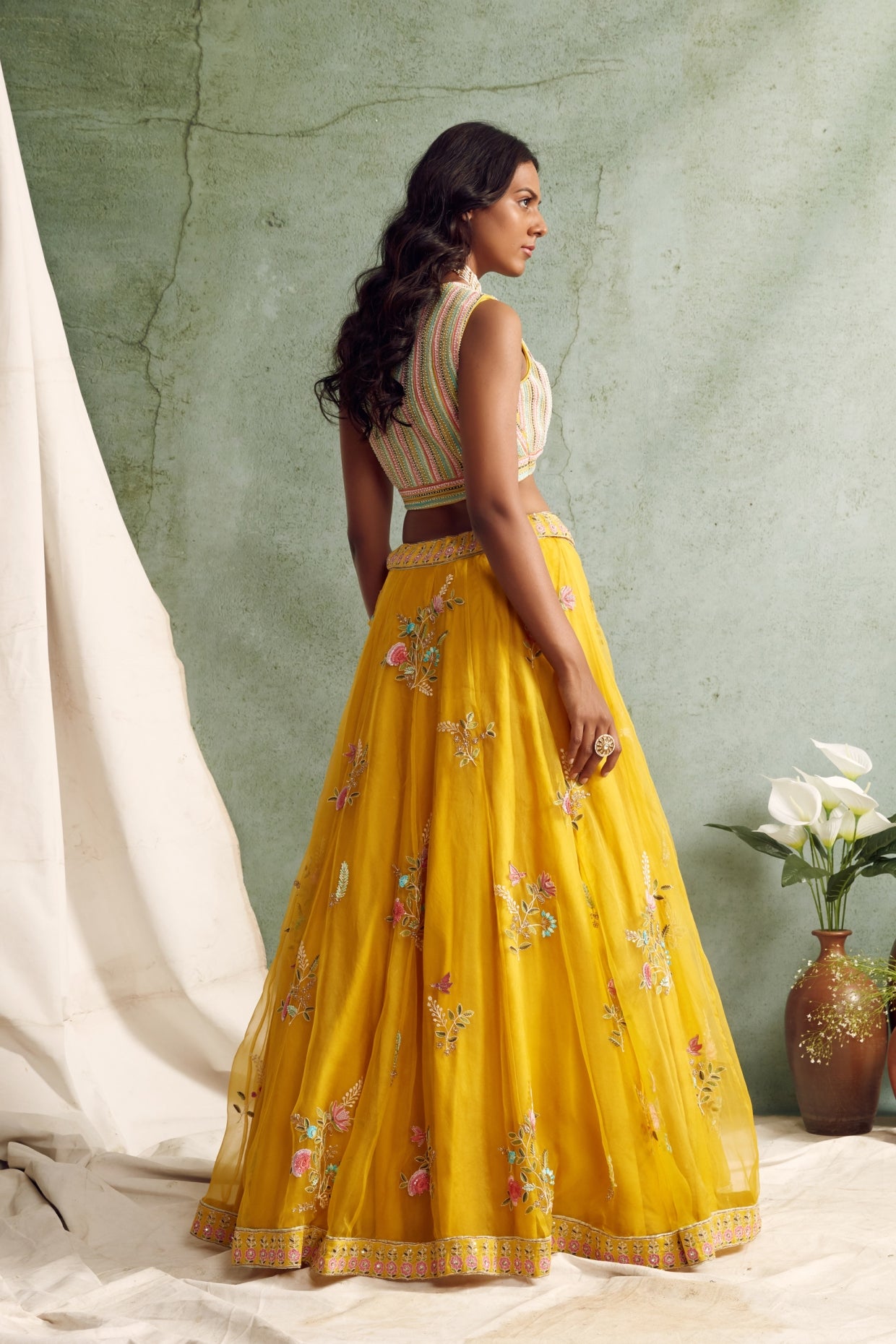 Yellow Multicolured Embroidered Lehenga Set