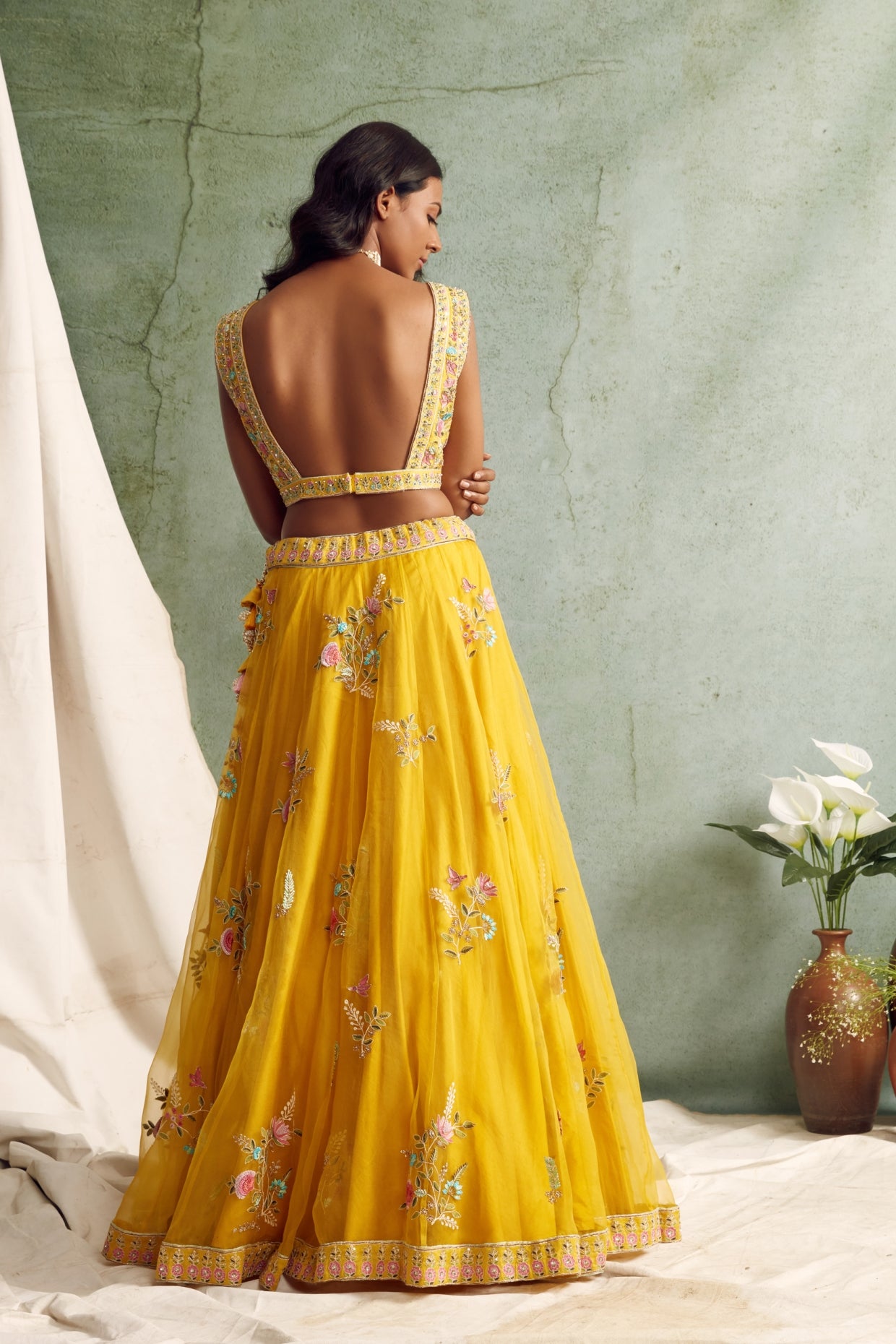 Yellow Multicolored Embroidered Lehenga Set