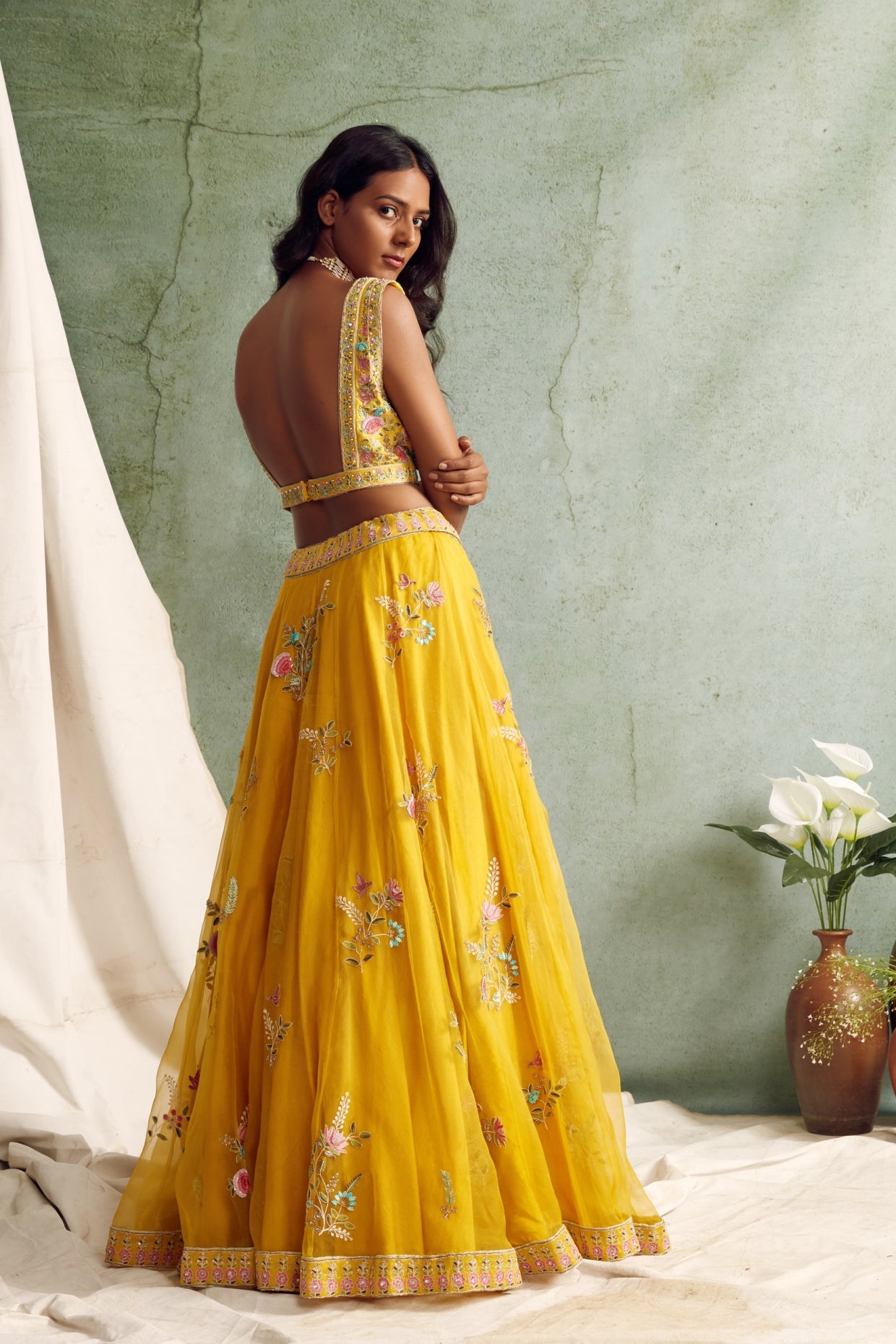 Yellow Multicolored Embroidered Lehenga Set