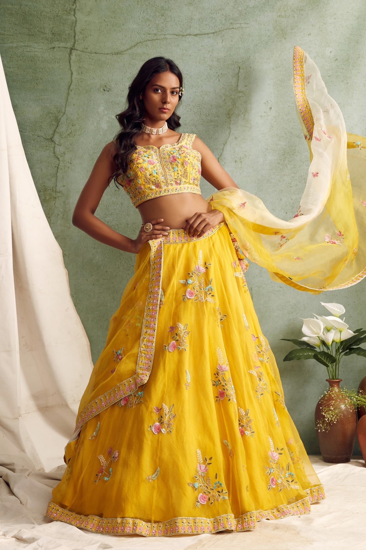 Yellow Multicolored Embroidered Lehenga Set