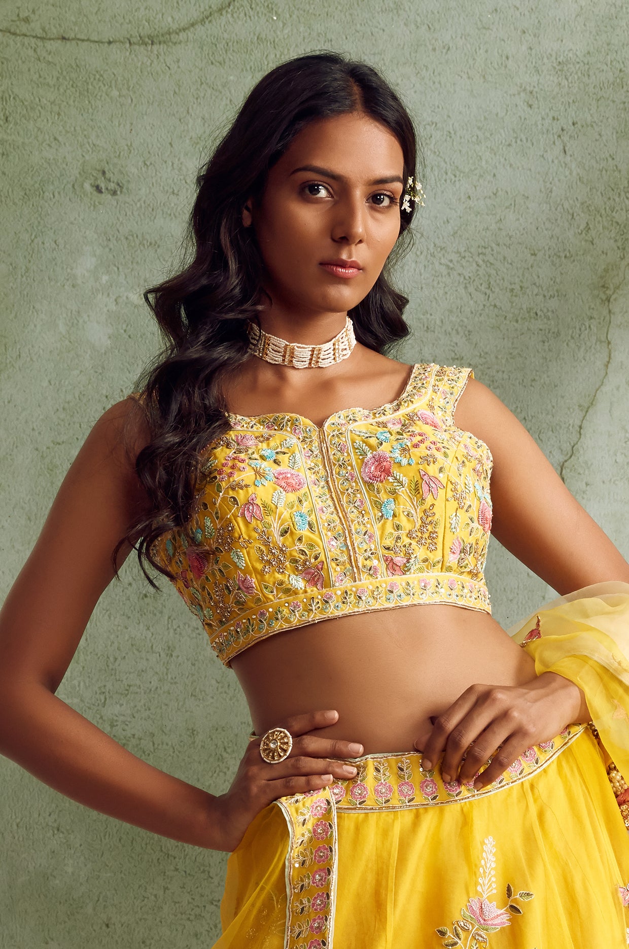 Yellow Multicolored Embroidered Lehenga Set