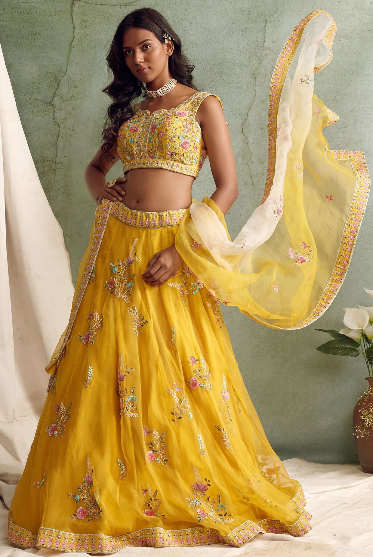 Yellow Multicolored Embroidered Lehenga Set