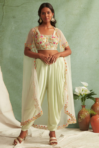 Pastel Crop Top with Dhoti Pants and Attached Dupatta Set for women In –  Arisen