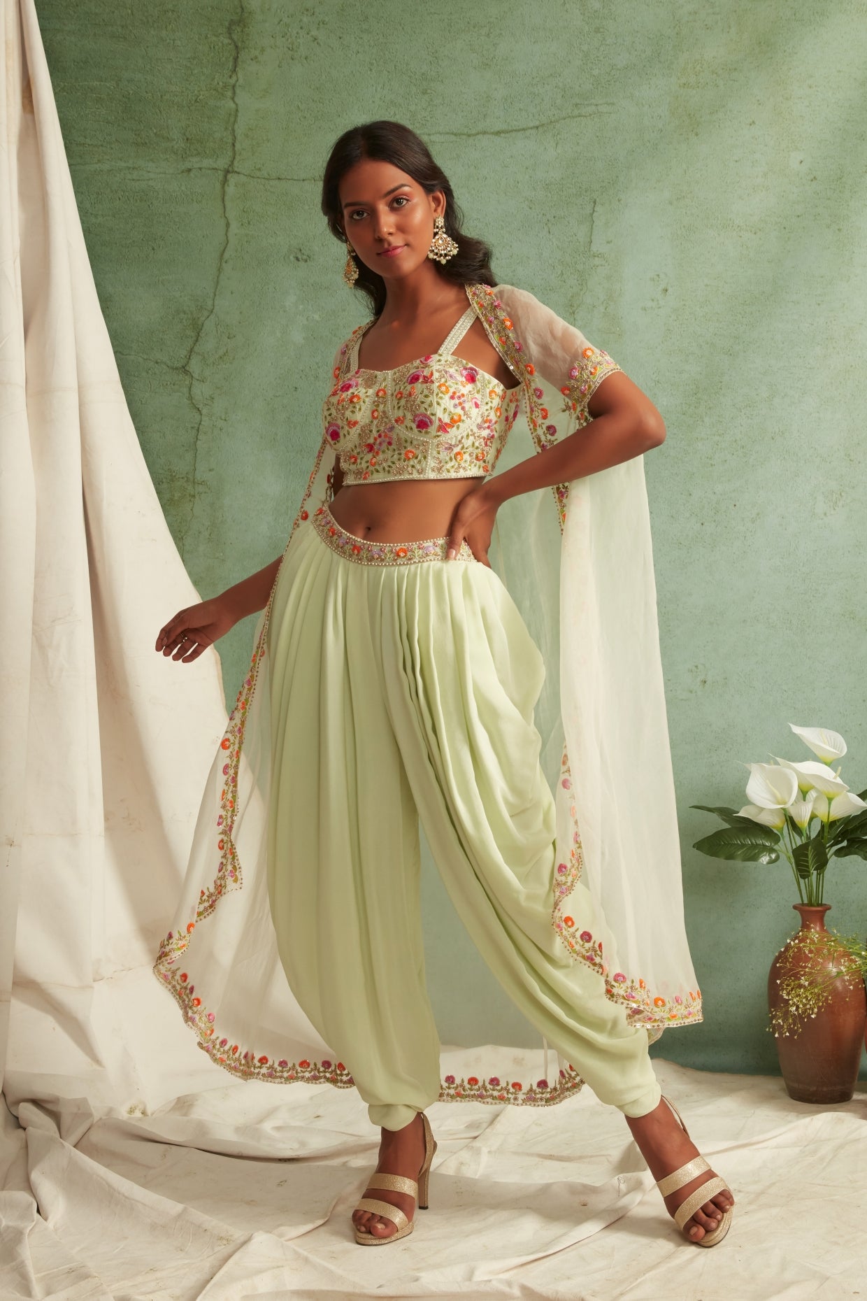 Mint Green Dhoti Pant And Cape Set