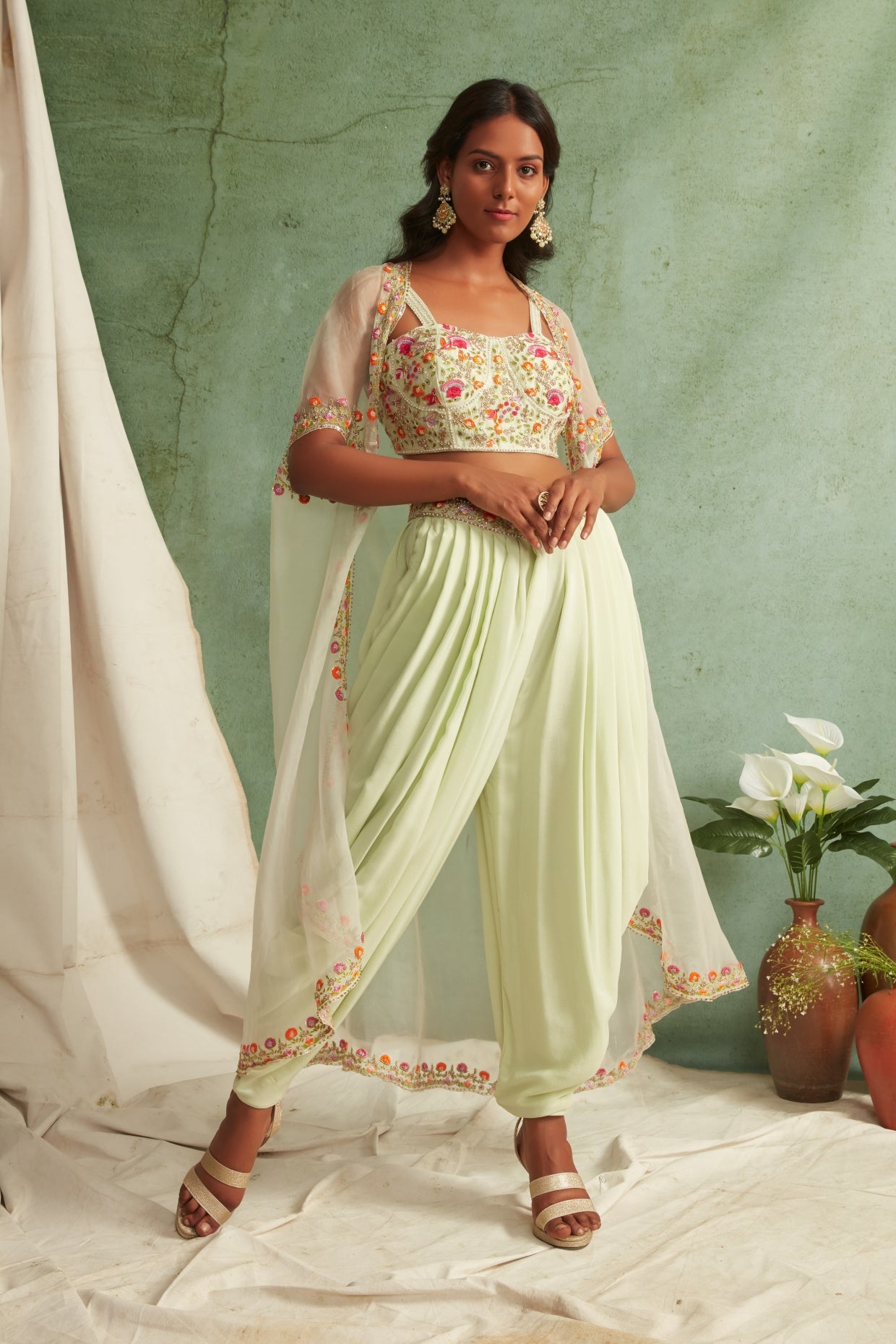 Mint Green Dhoti Pant And Cape Set