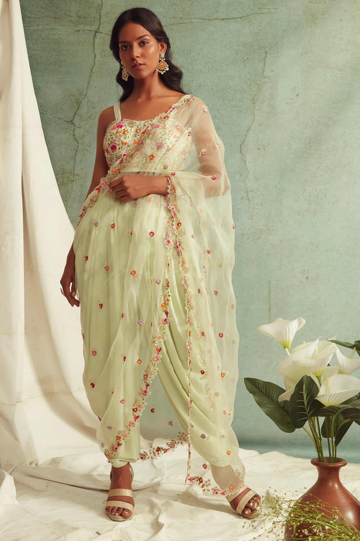 Mint Green Dhoti Pants With Dupatta