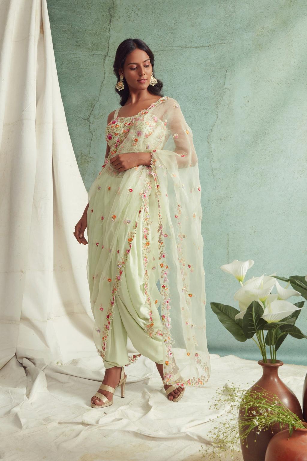 Mint Green Dhoti Pants With Dupatta