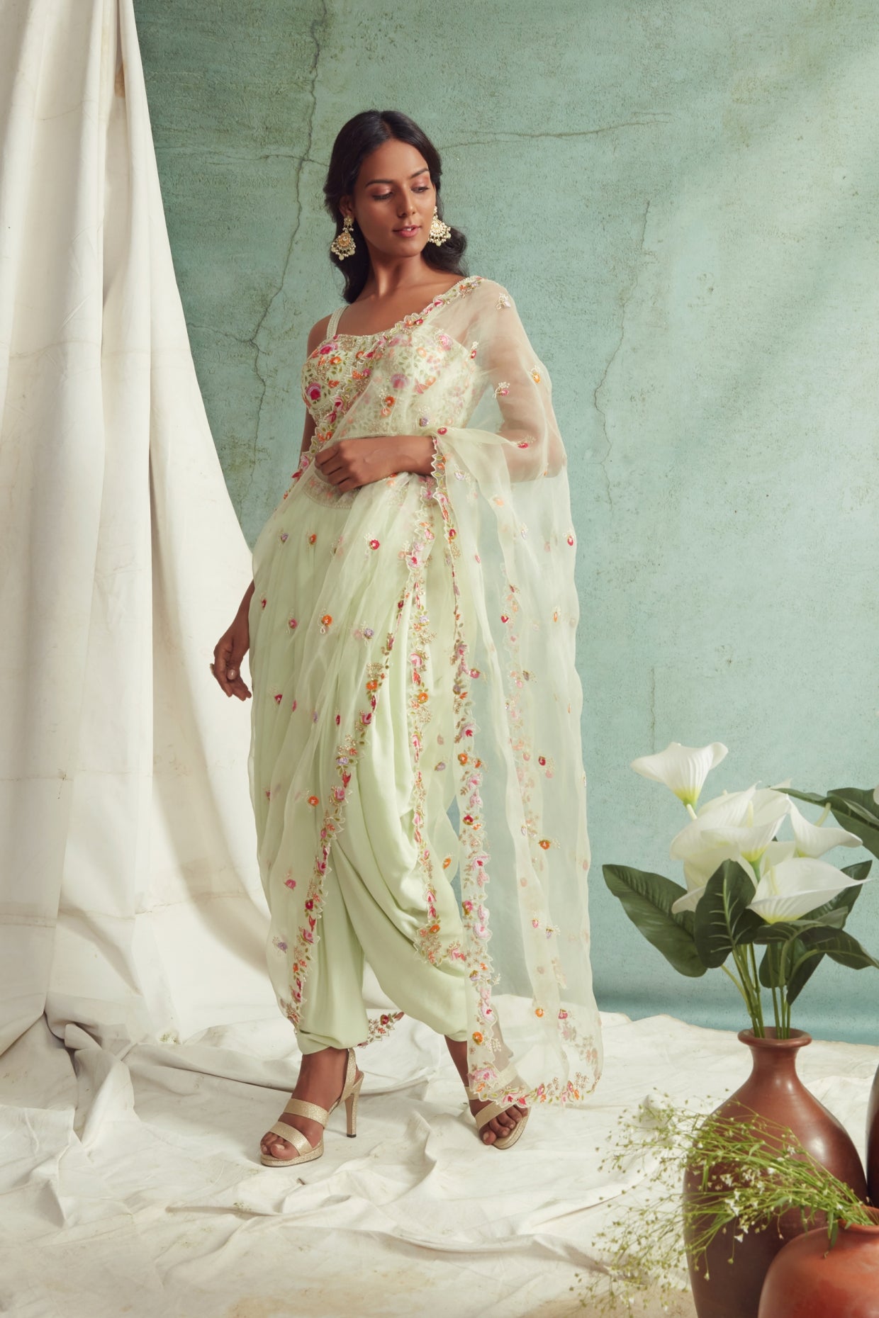 Mint Green Dhoti Pants With Dupatta