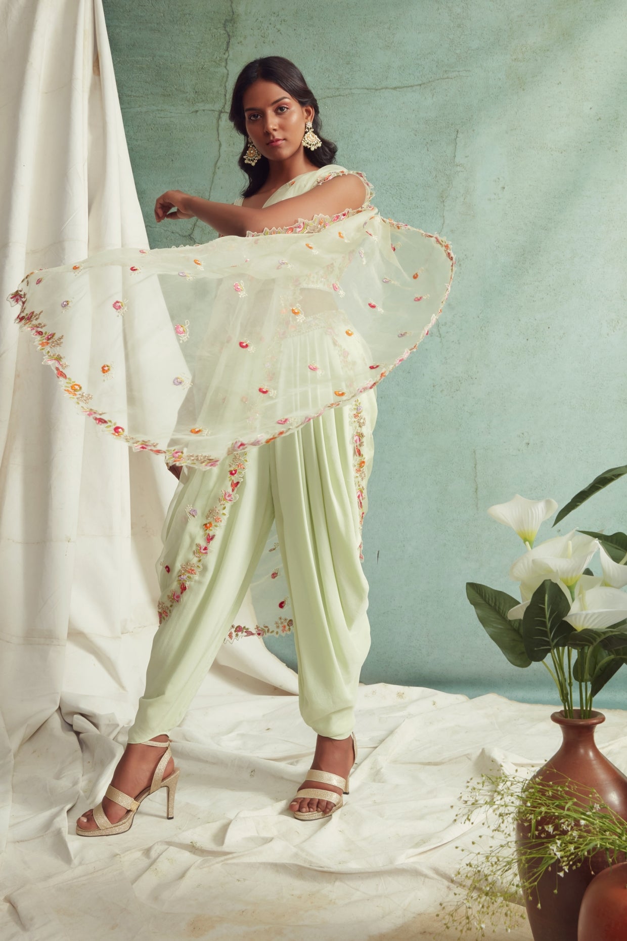 Mint Green Dhoti Pants With Dupatta