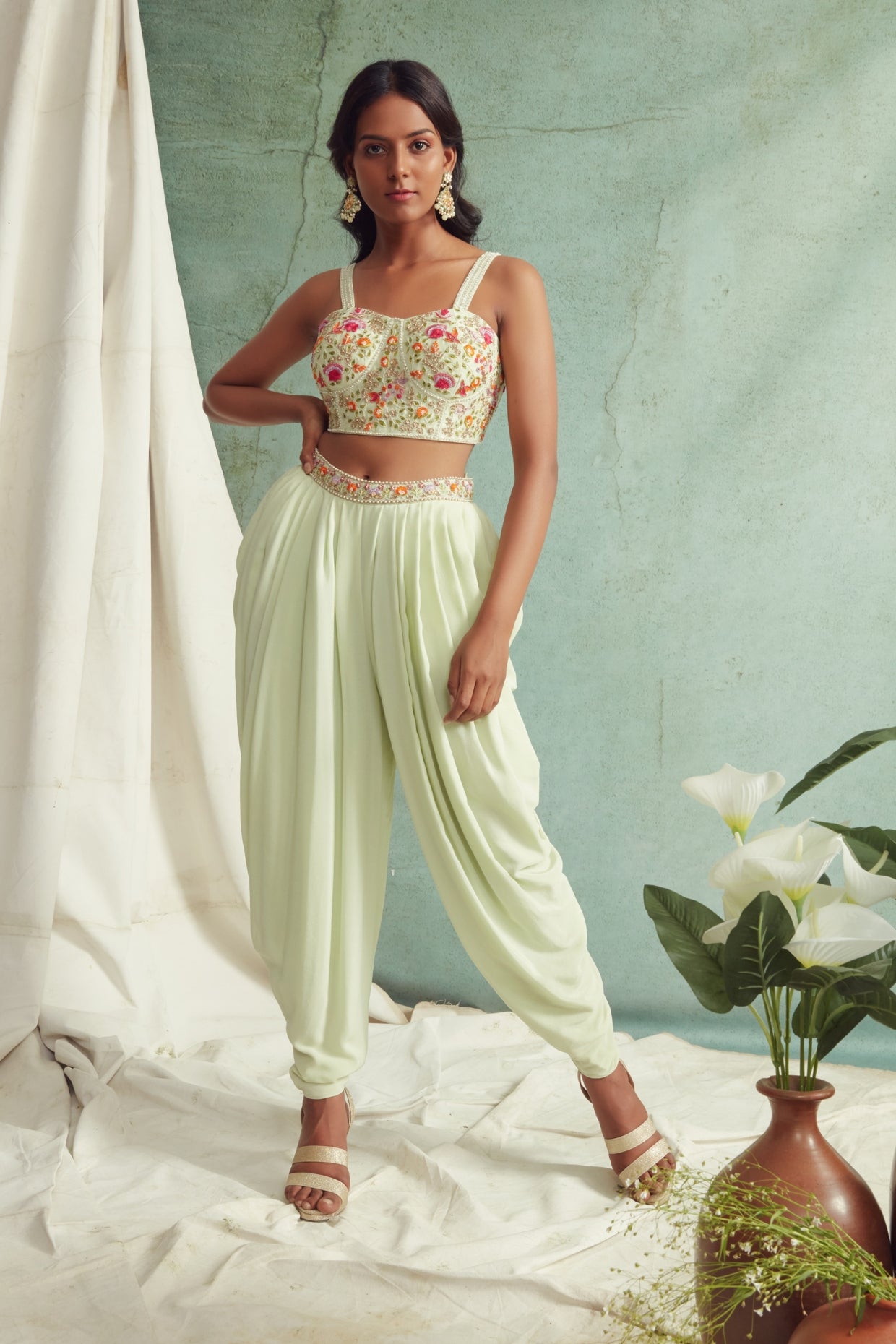 Mint Green Dhoti Pants With Dupatta