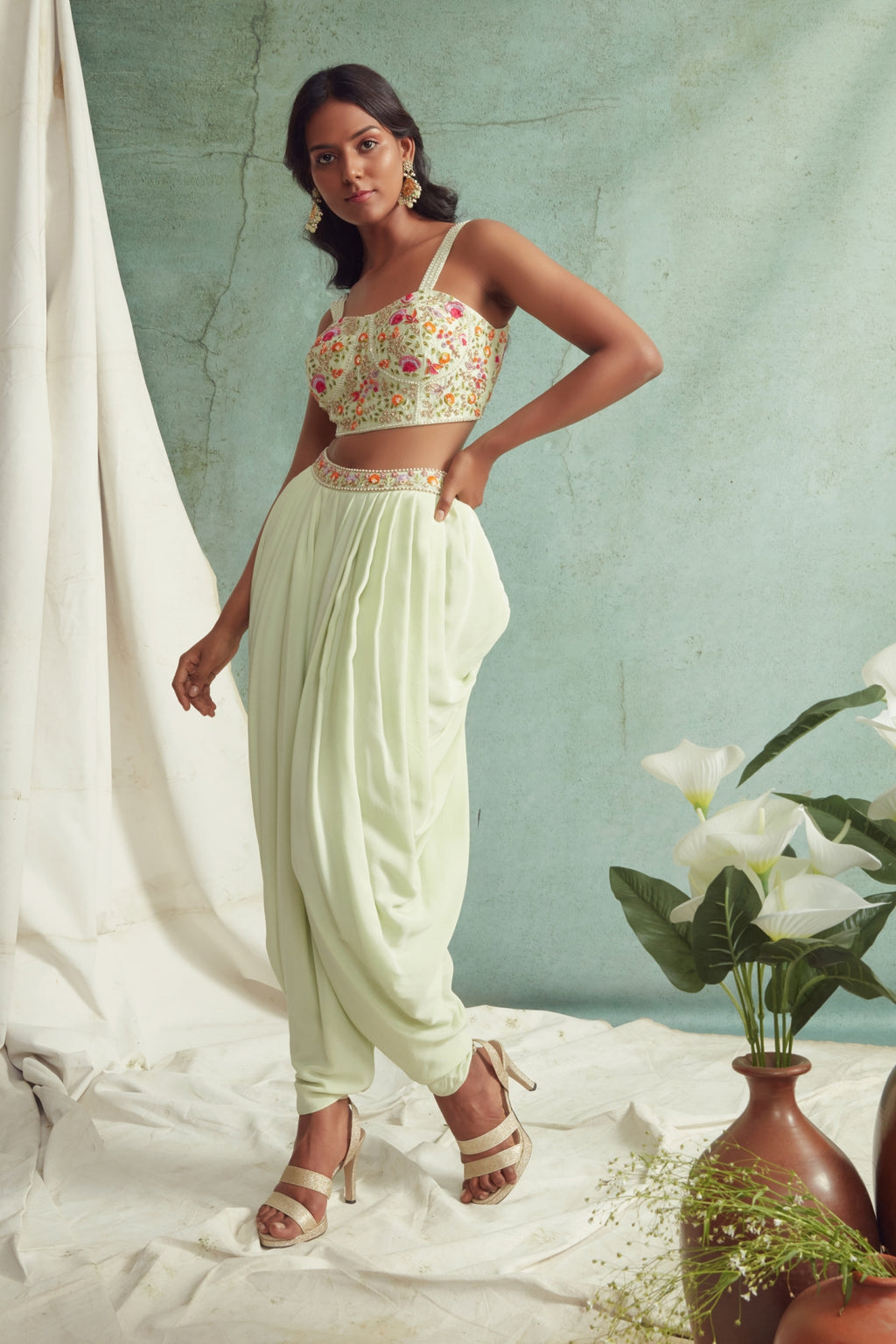 Mint Green Dhoti Pants With Dupatta