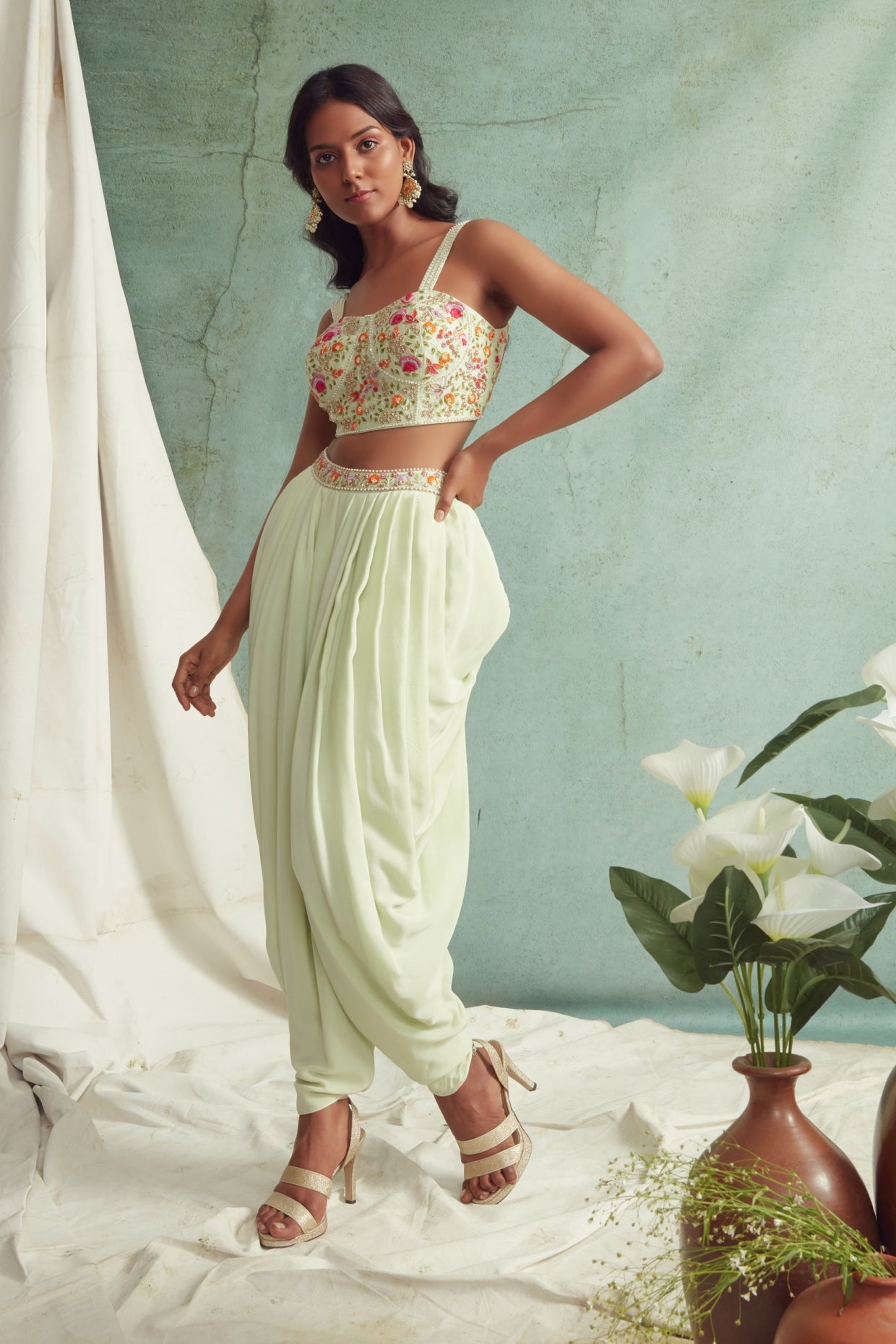 Mint Green Dhoti Pants With Dupatta