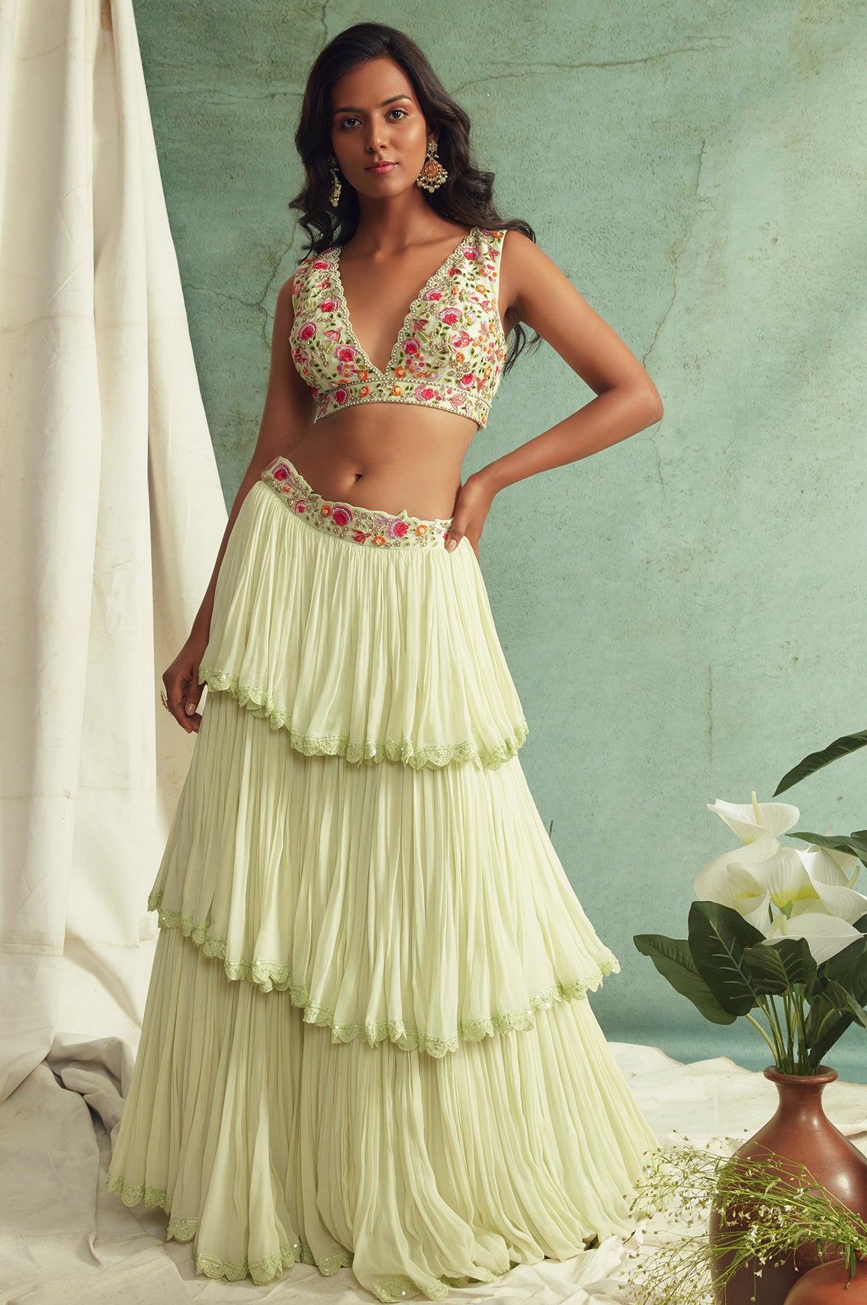 Mint Green Frilled Lehenga And Cape Set