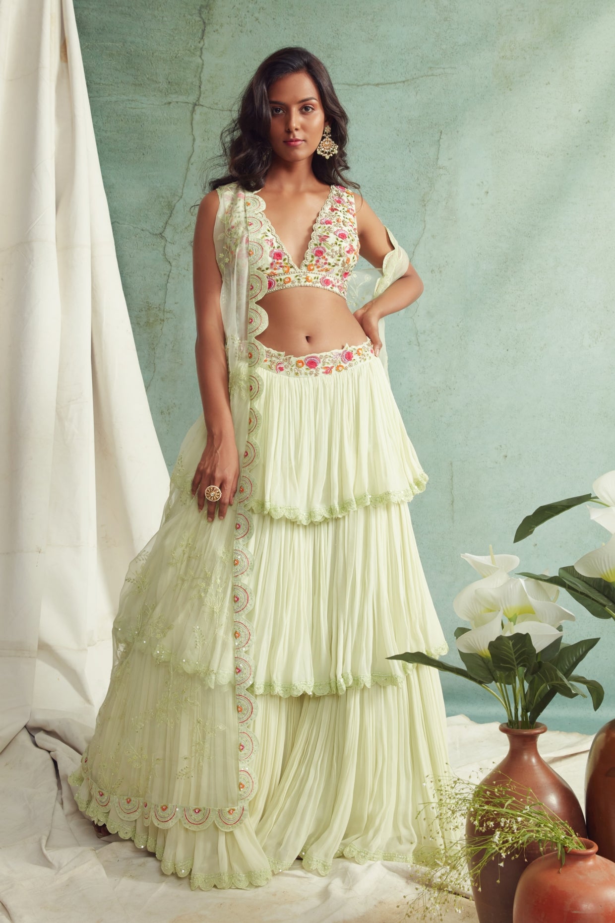 Mint Green Frilled Lehenga And Cape Set