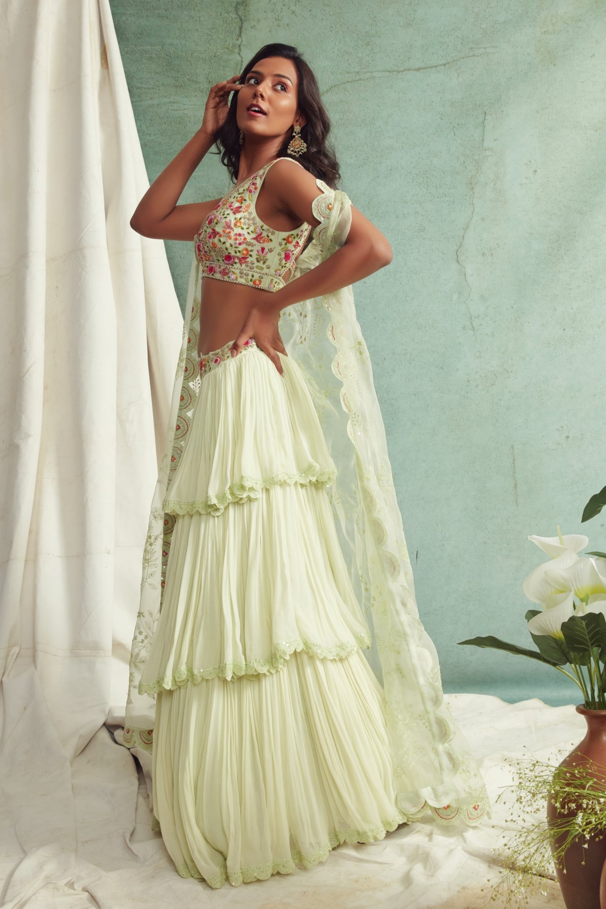Mint Green Frilled Lehenga And Cape Set