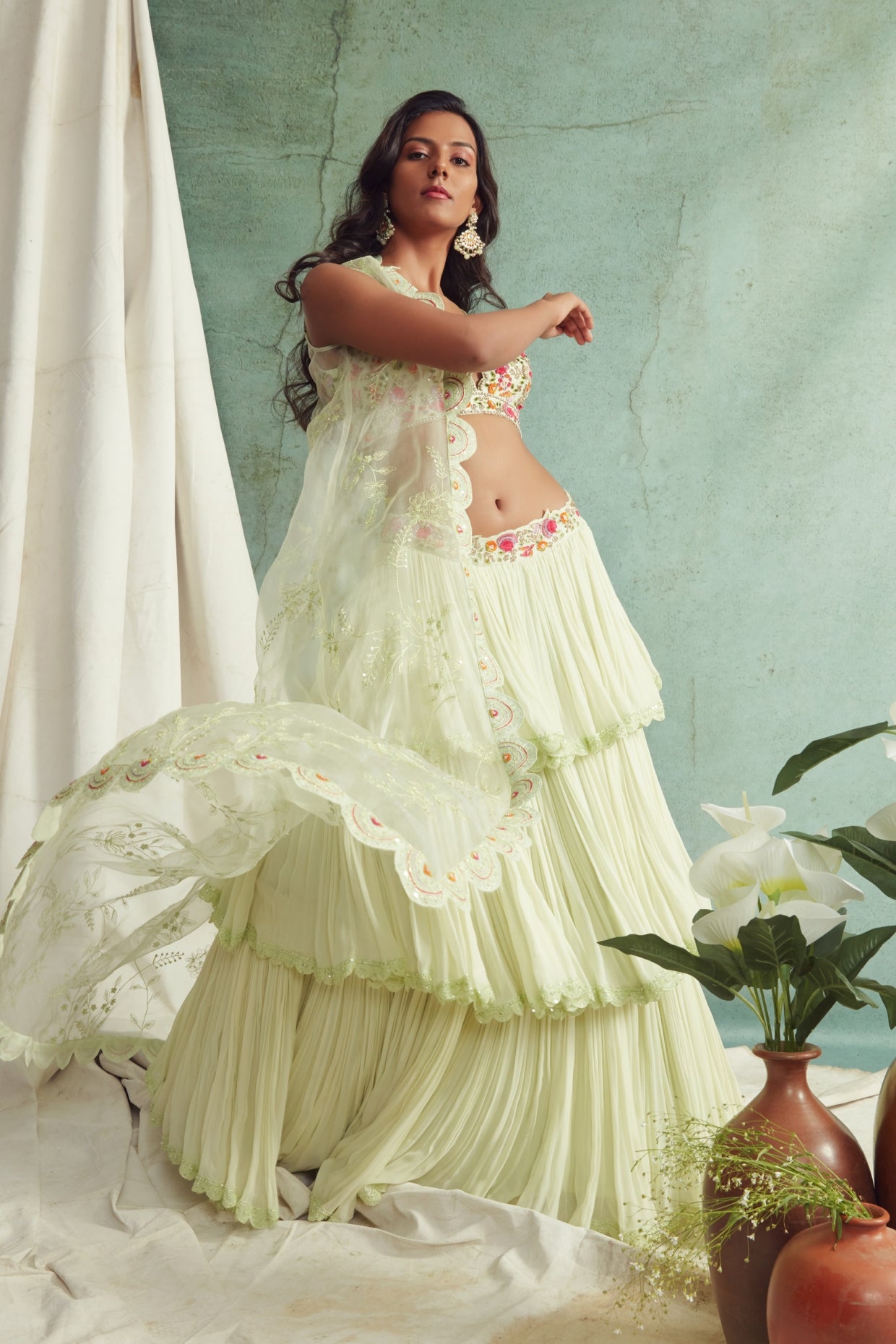 Mint Green Frilled Lehenga And Cape Set