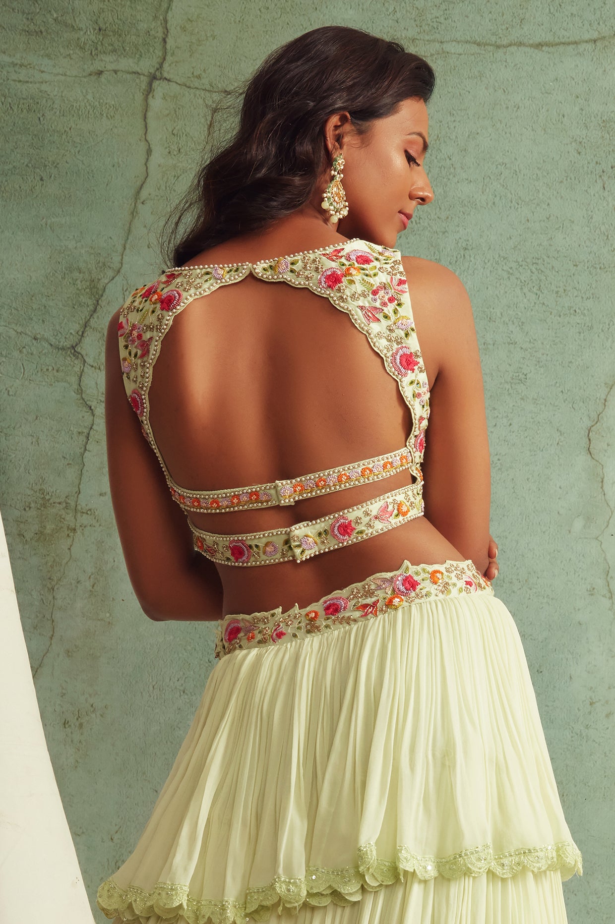 Mint Green Frilled Lehenga And Cape Set