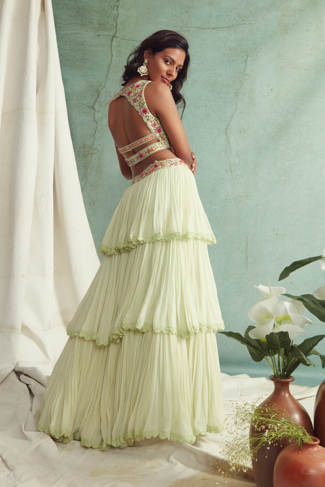 Mint Green Frilled Lehenga And Cape Set