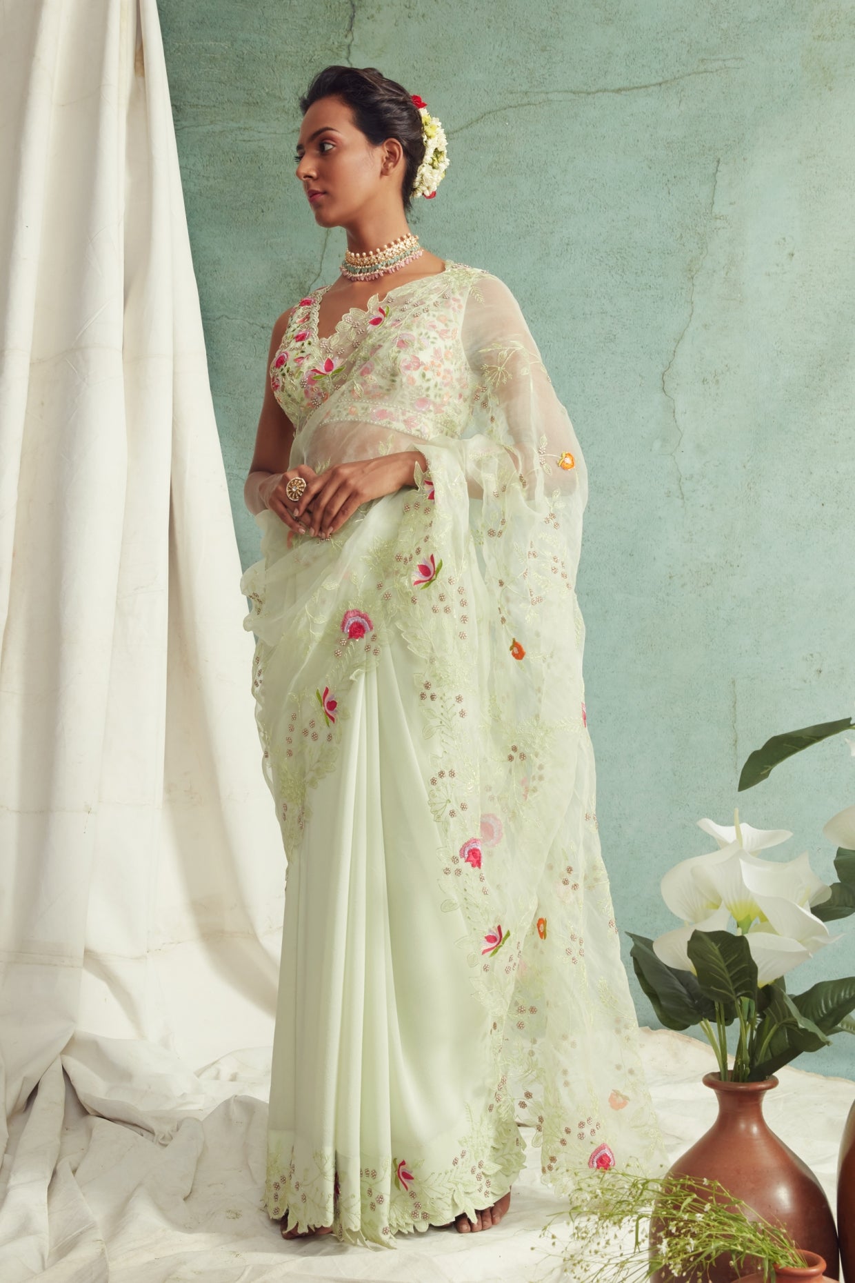 Mint Green Organza Embroidered Saree Set