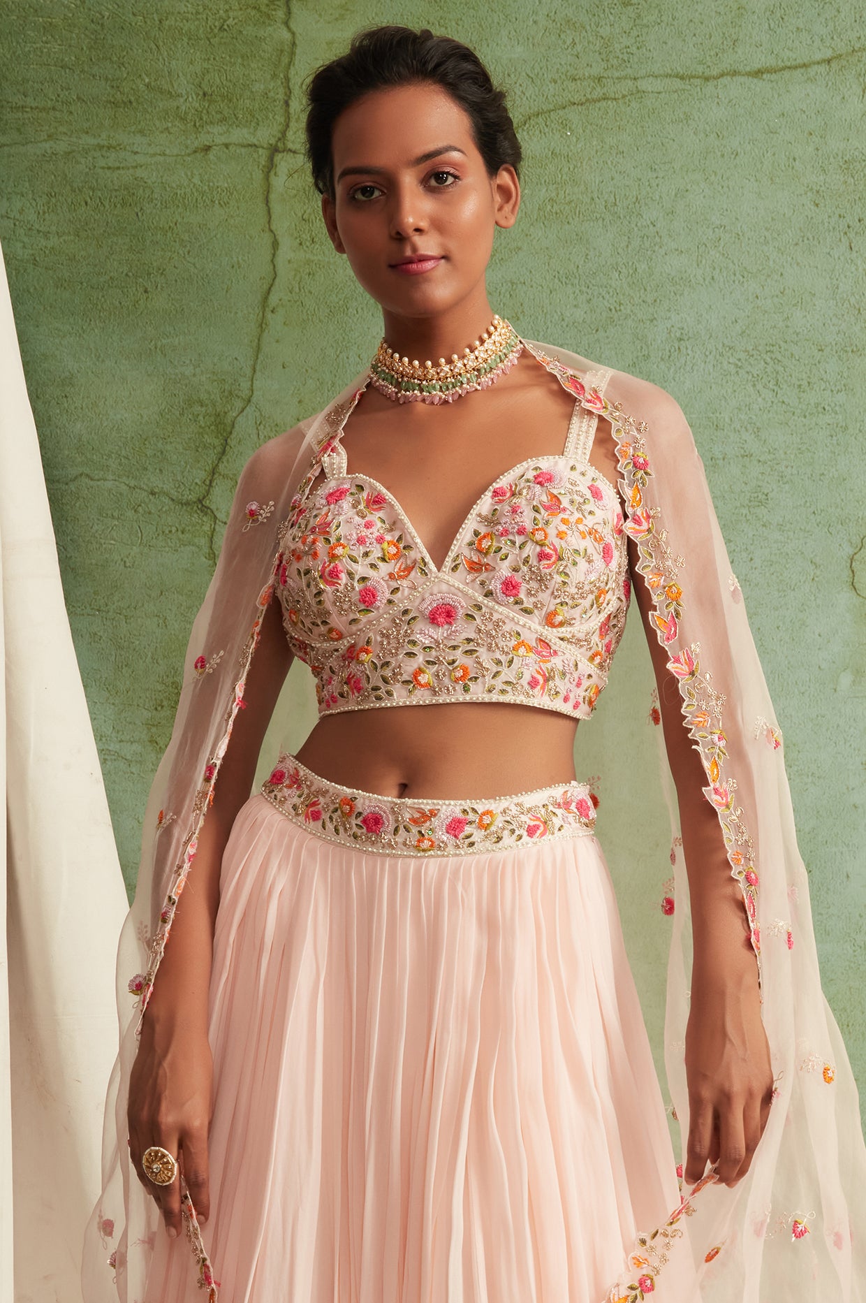 Blush Pink Embroidered Crop Top And Skirt Set