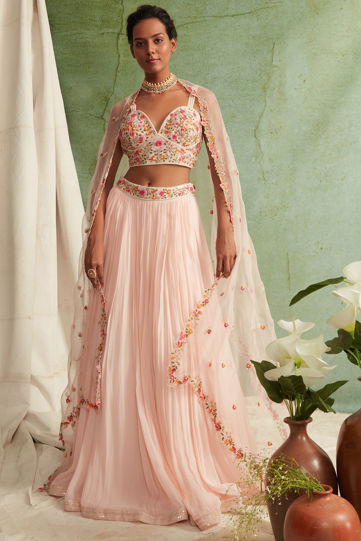 Blush Pink Embroidered Crop Top And Skirt Set