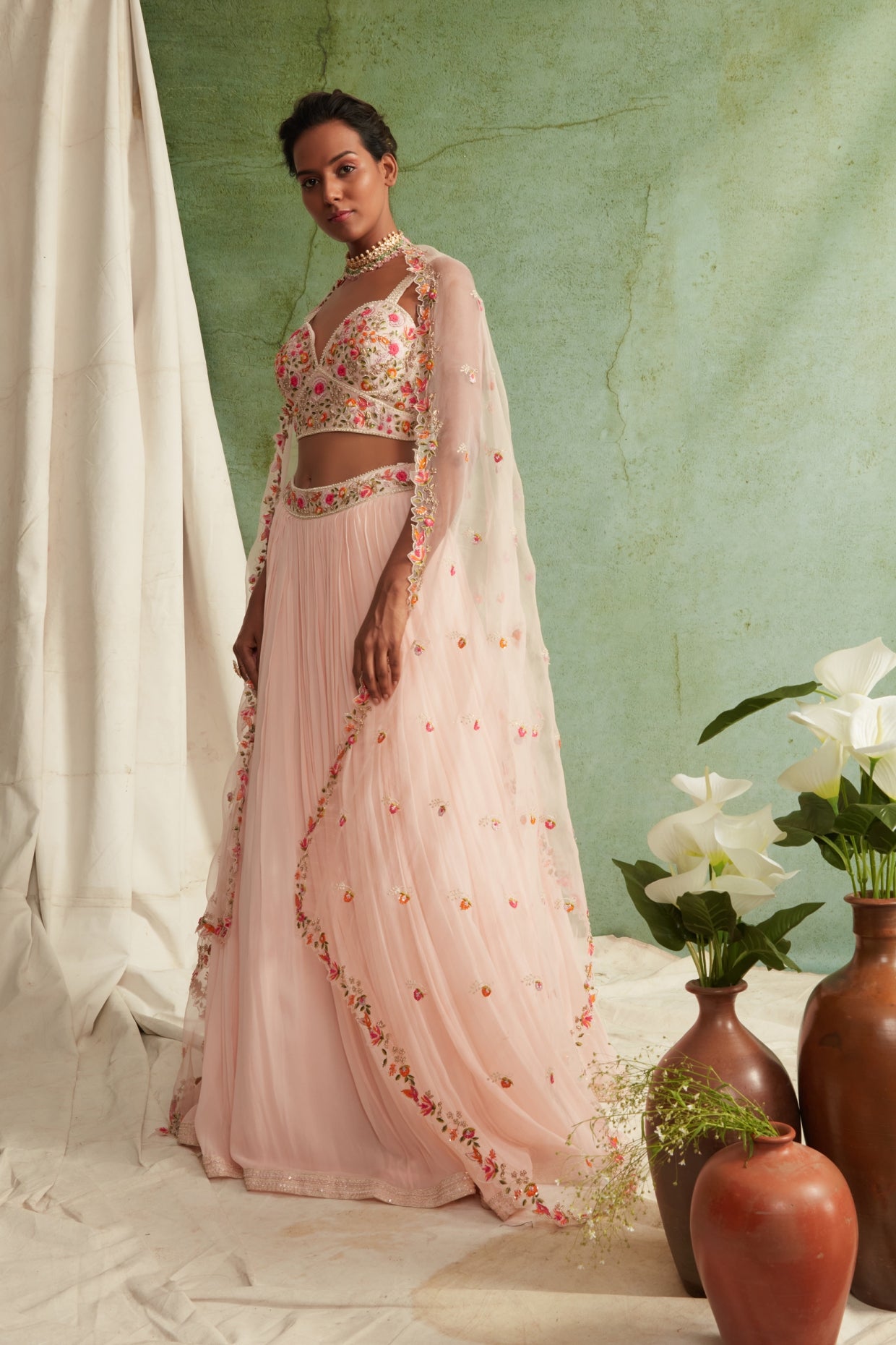 Blush Pink Embroidered Crop Top And Skirt Set