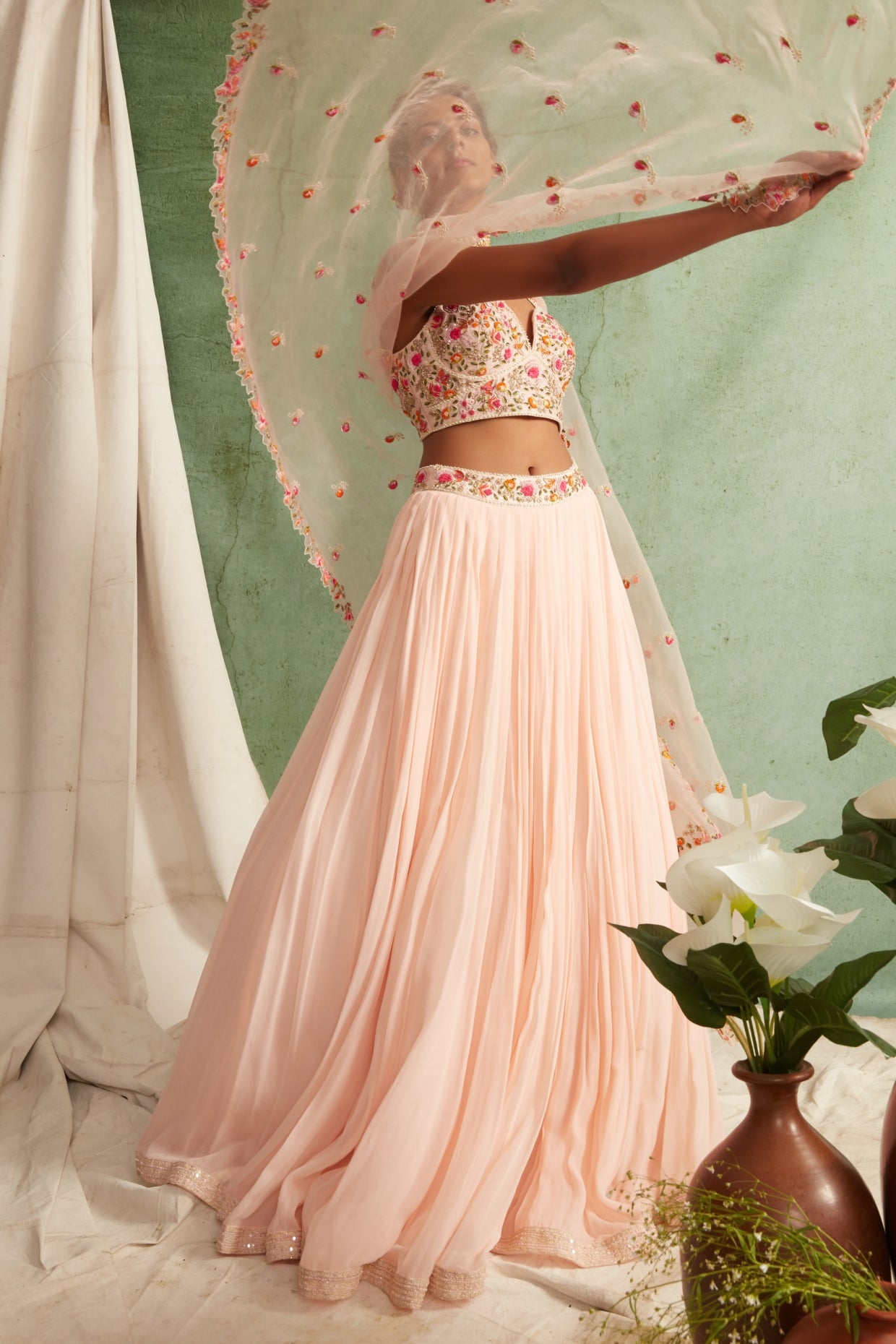 Blush Pink Embroidered Crop Top And Skirt Set