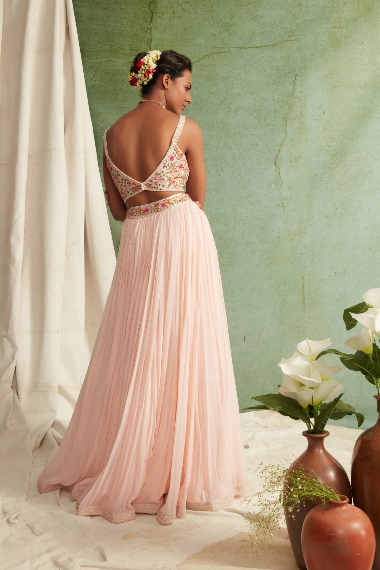 Blush Pink Embroidered Crop Top And Skirt Set