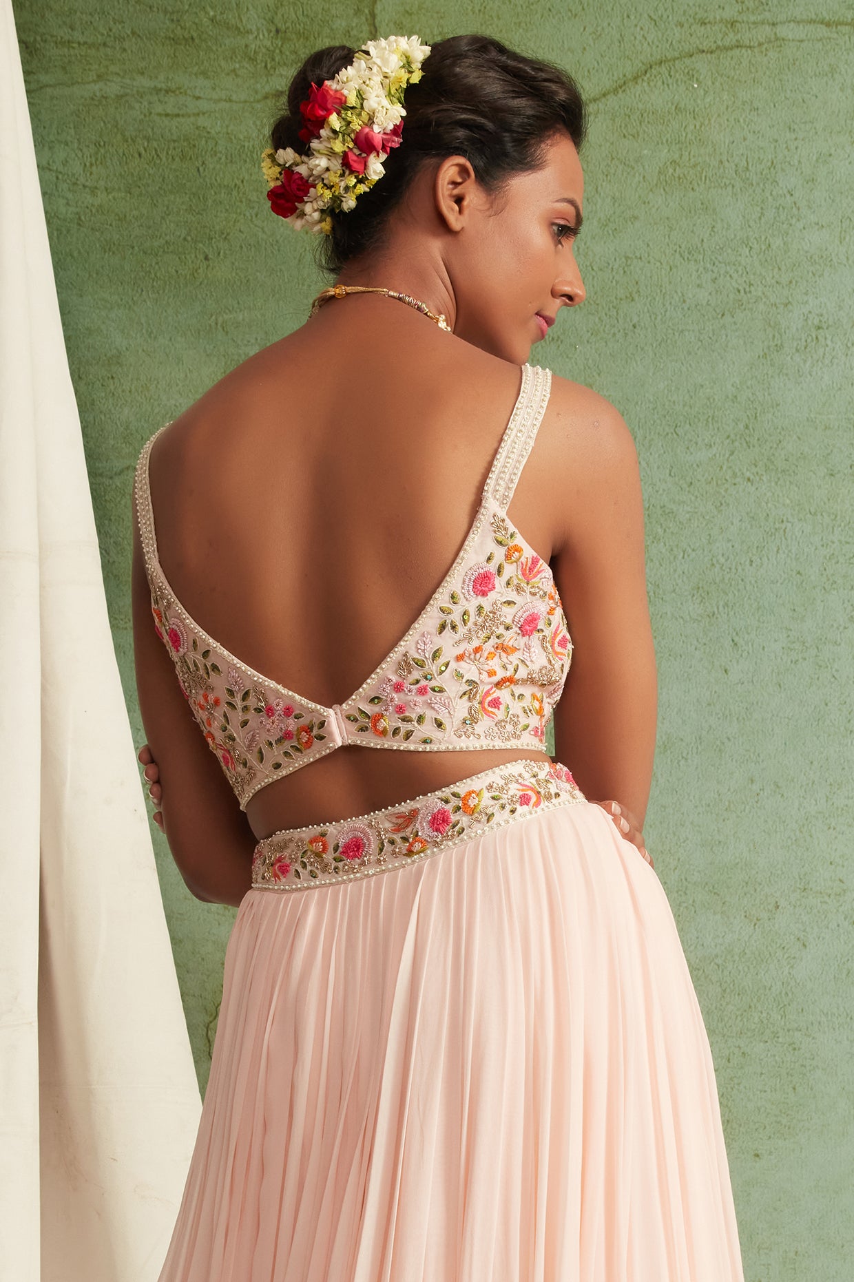 Blush Pink Embroidered Crop Top And Skirt Set