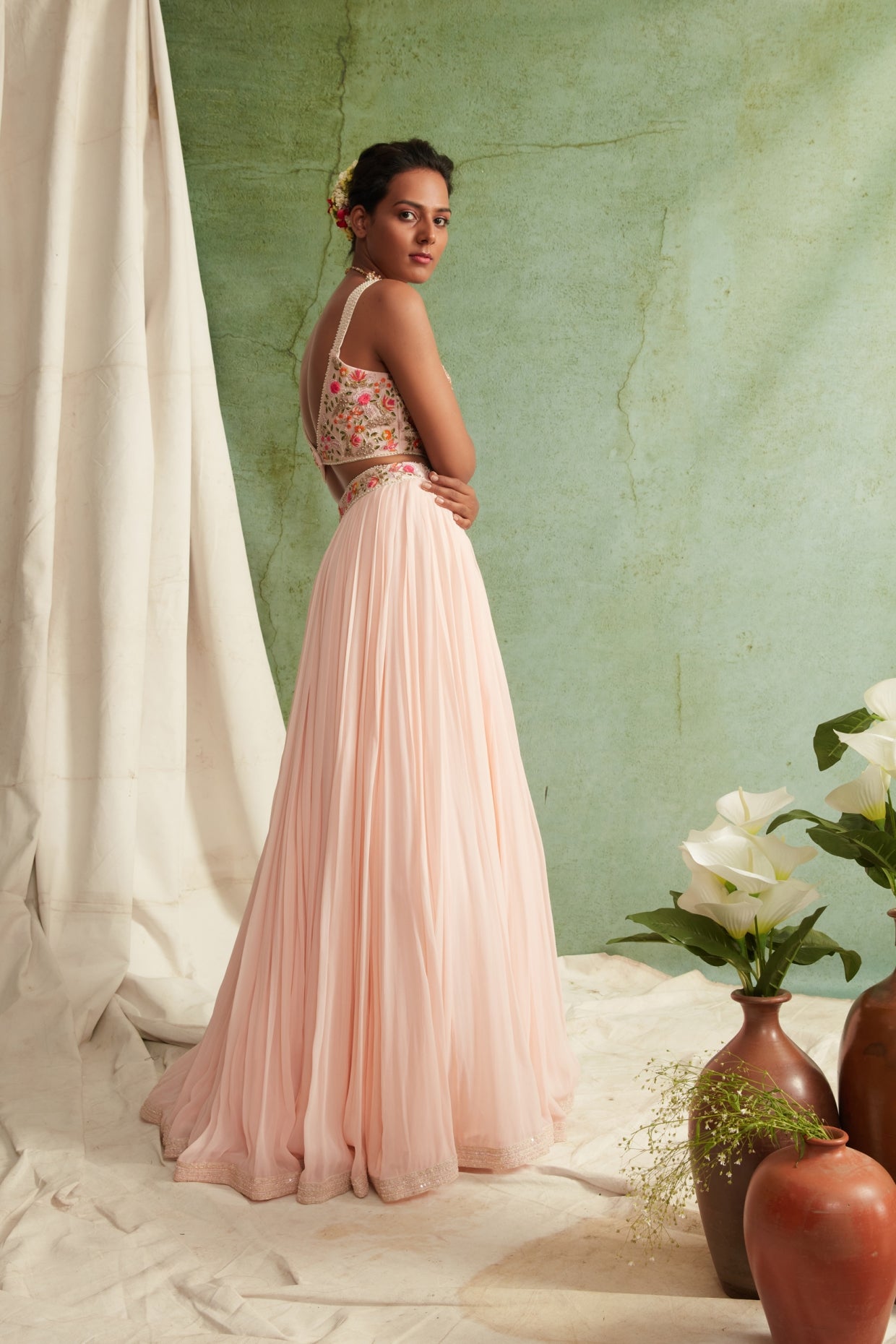 Blush Pink Embroidered Crop Top And Skirt Set
