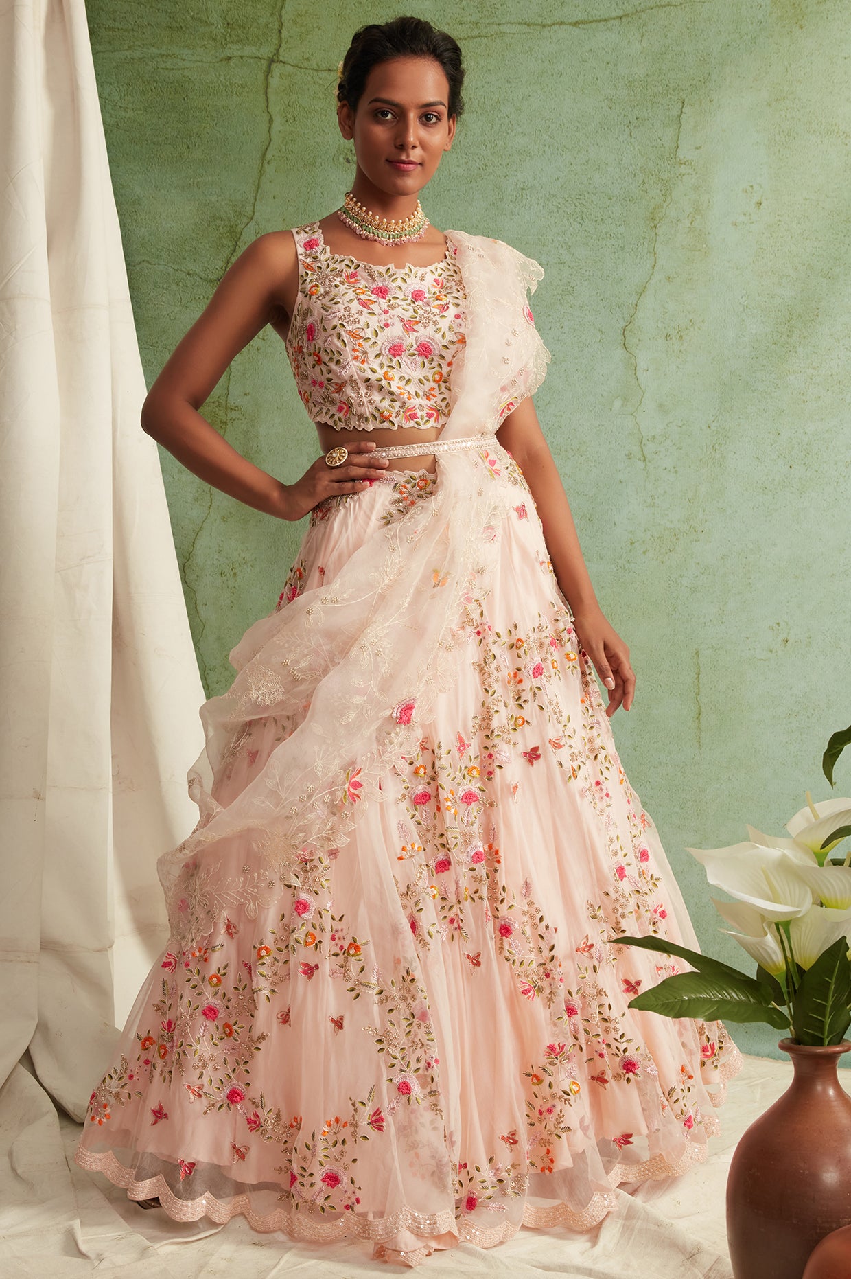 Blush Pink Embroidered Lehenga Set With Belt