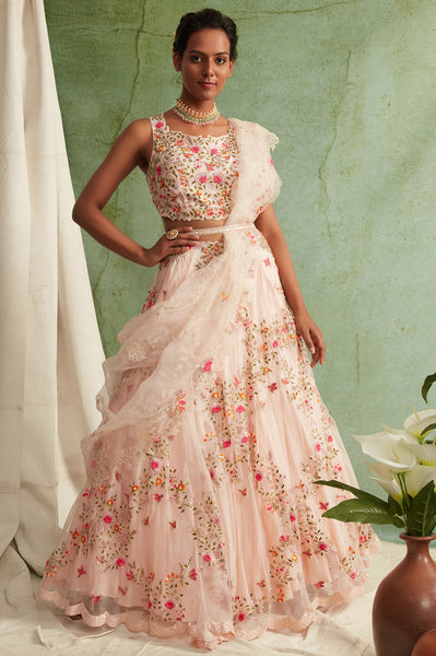 Blush Pink Embroidered Lehenga Set with belt