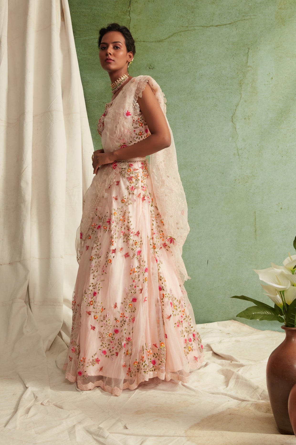 Blush Pink Embroidered Lehenga Set With Belt