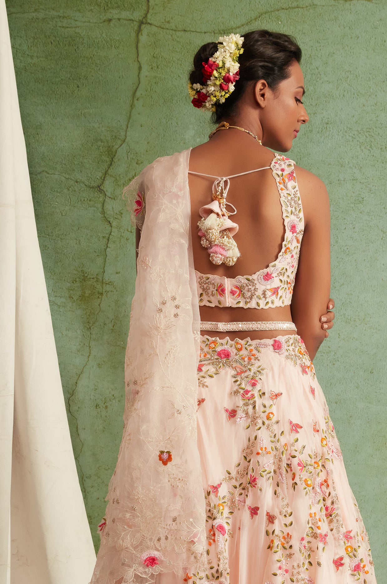 Blush Pink Embroidered Lehenga Set With Belt