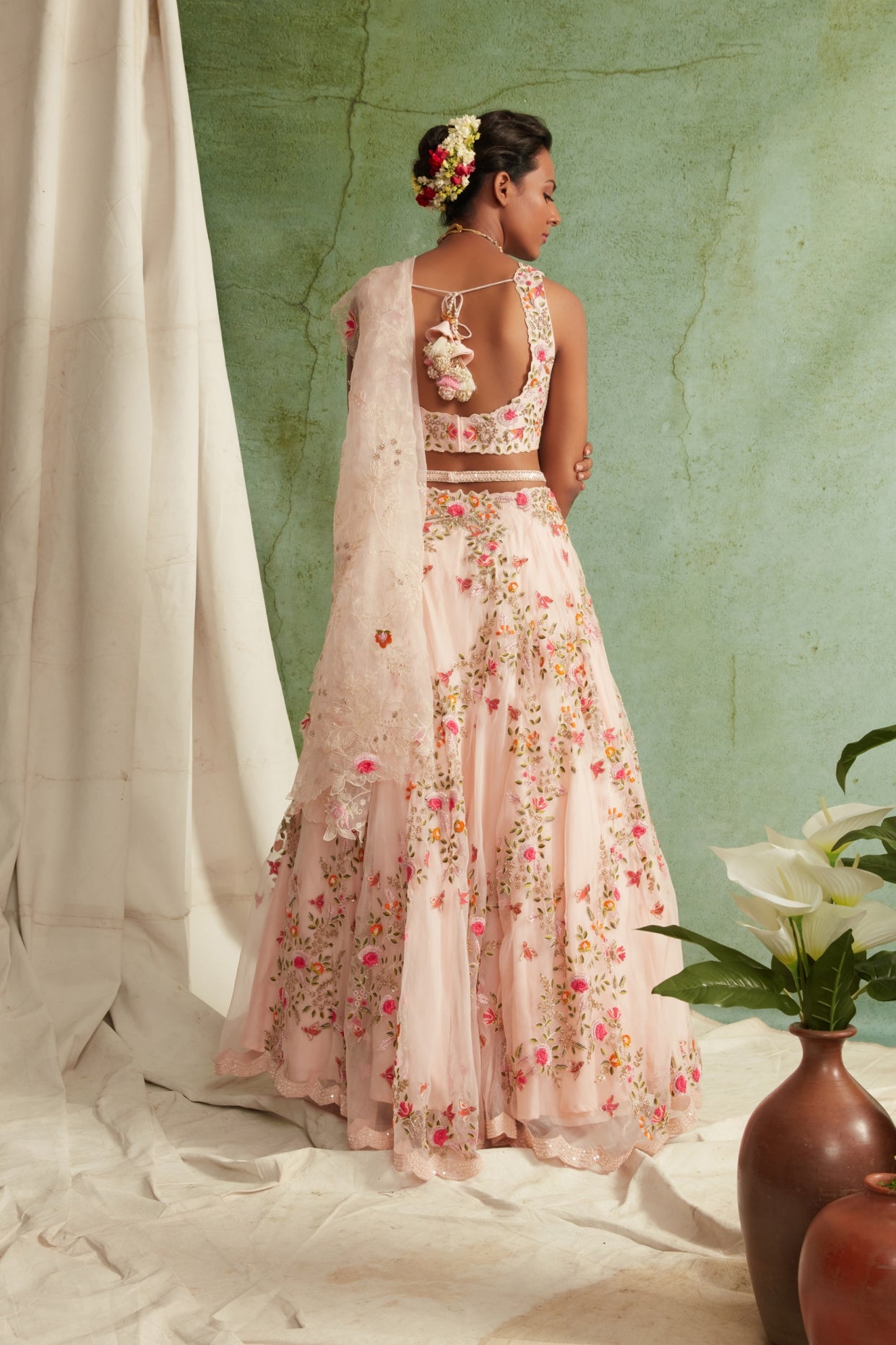Blush Pink Embroidered Lehenga Set With Belt