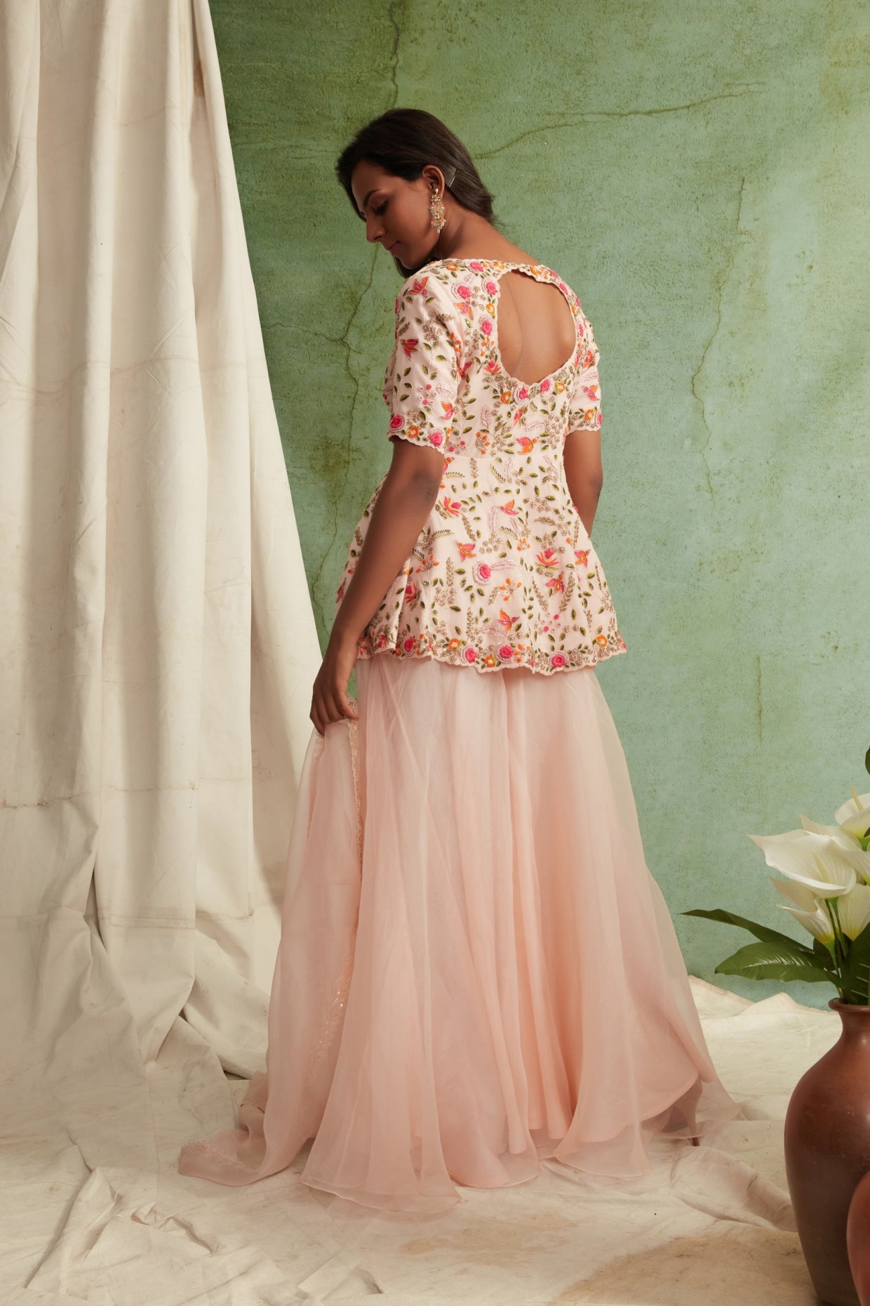 Blush Pink Embroidered Peplum Set