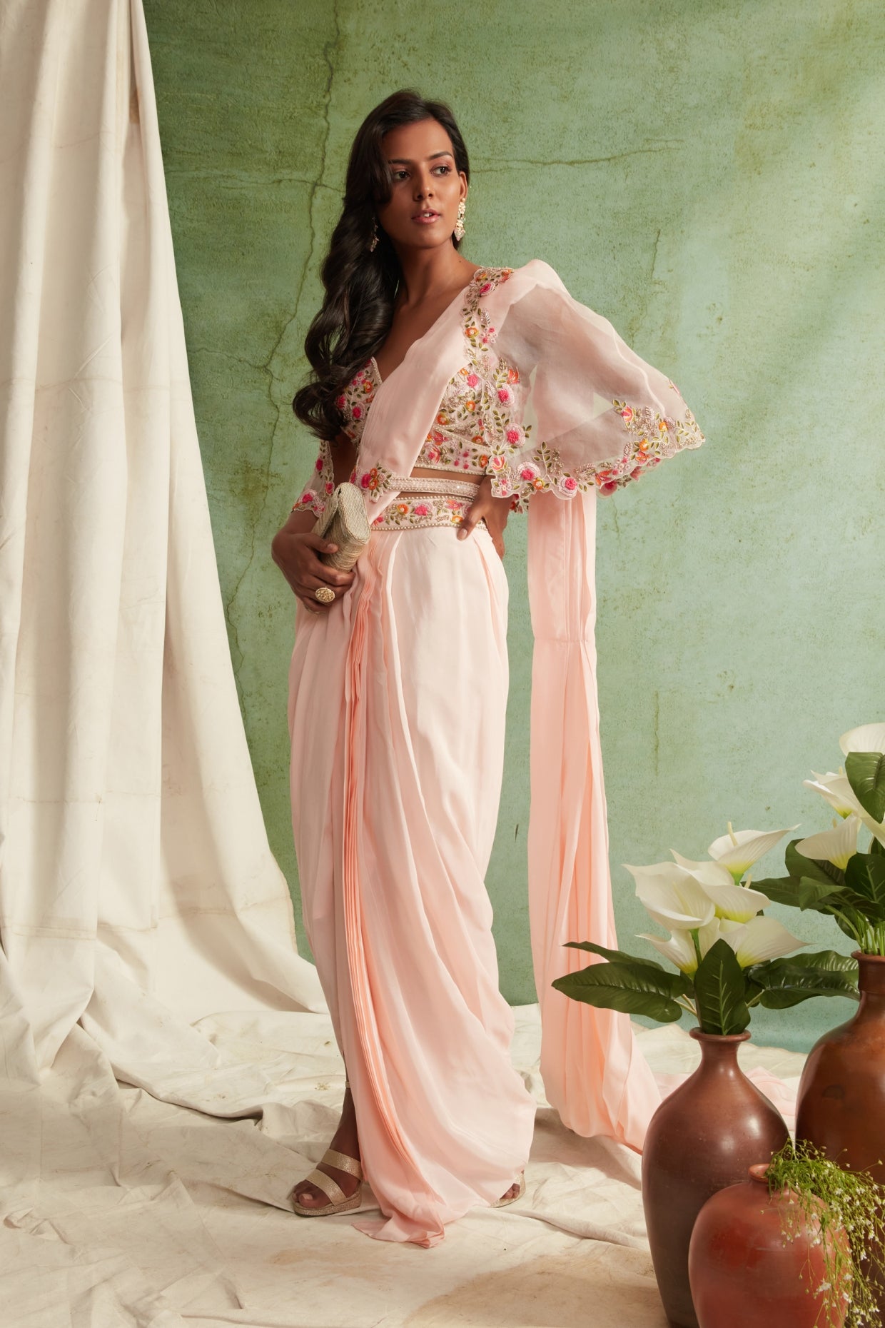 Blush Pink Pre-Draped Saree