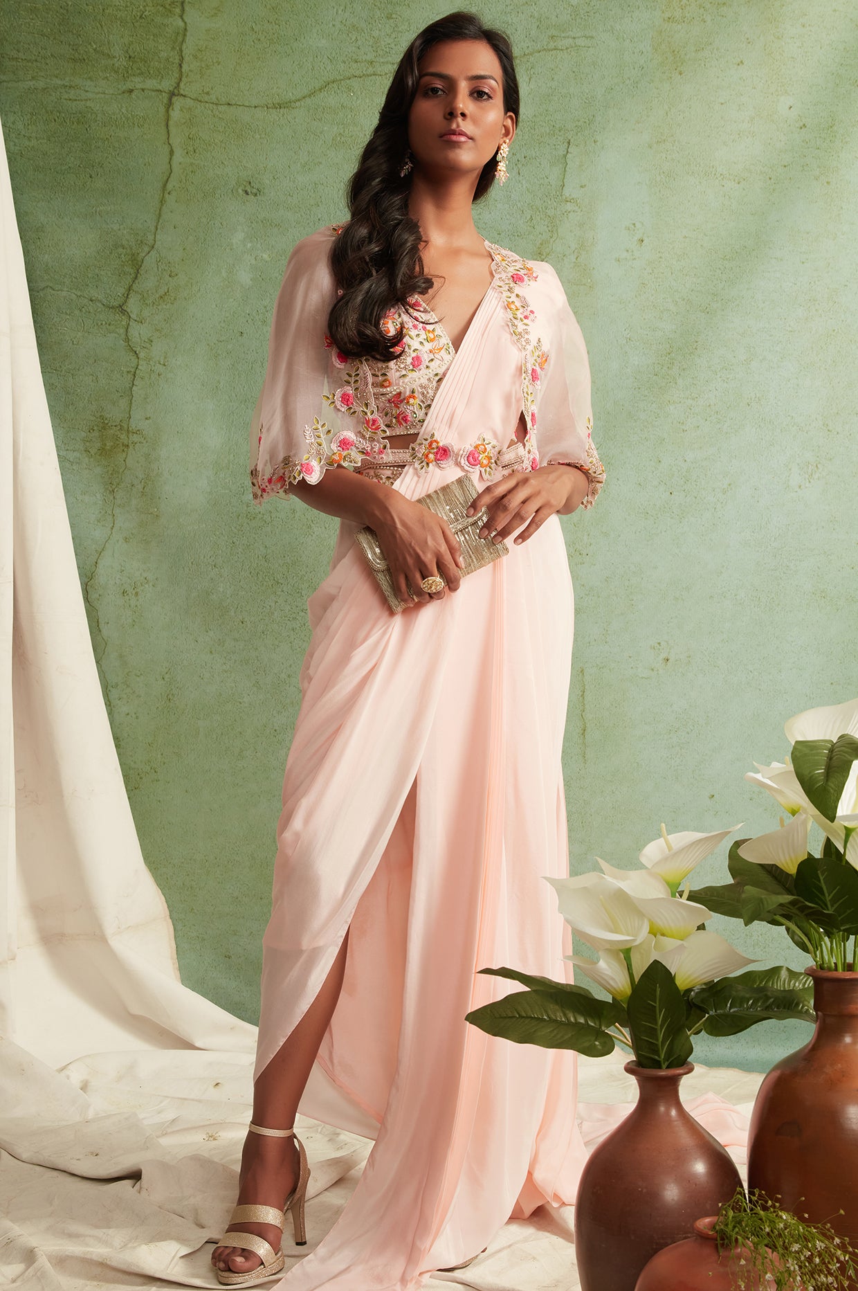 Blush Pink Pre-Draped Saree