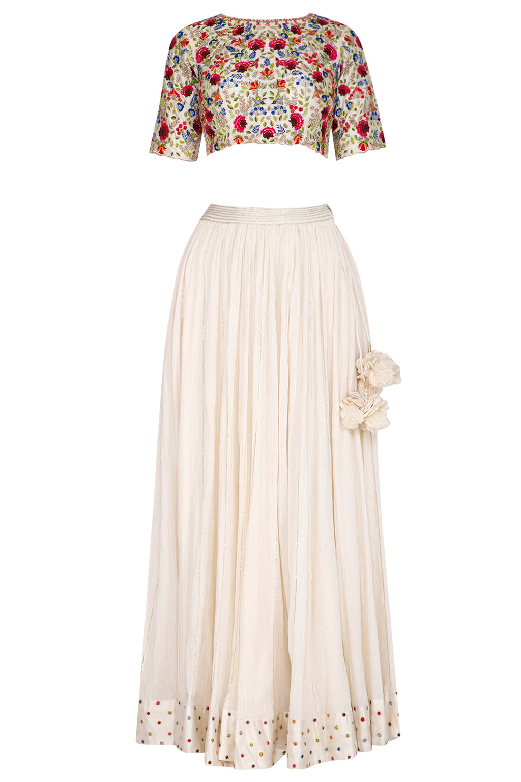 Ivory Lehenga With Multicoloured Embroidered Blouse And Dupatta