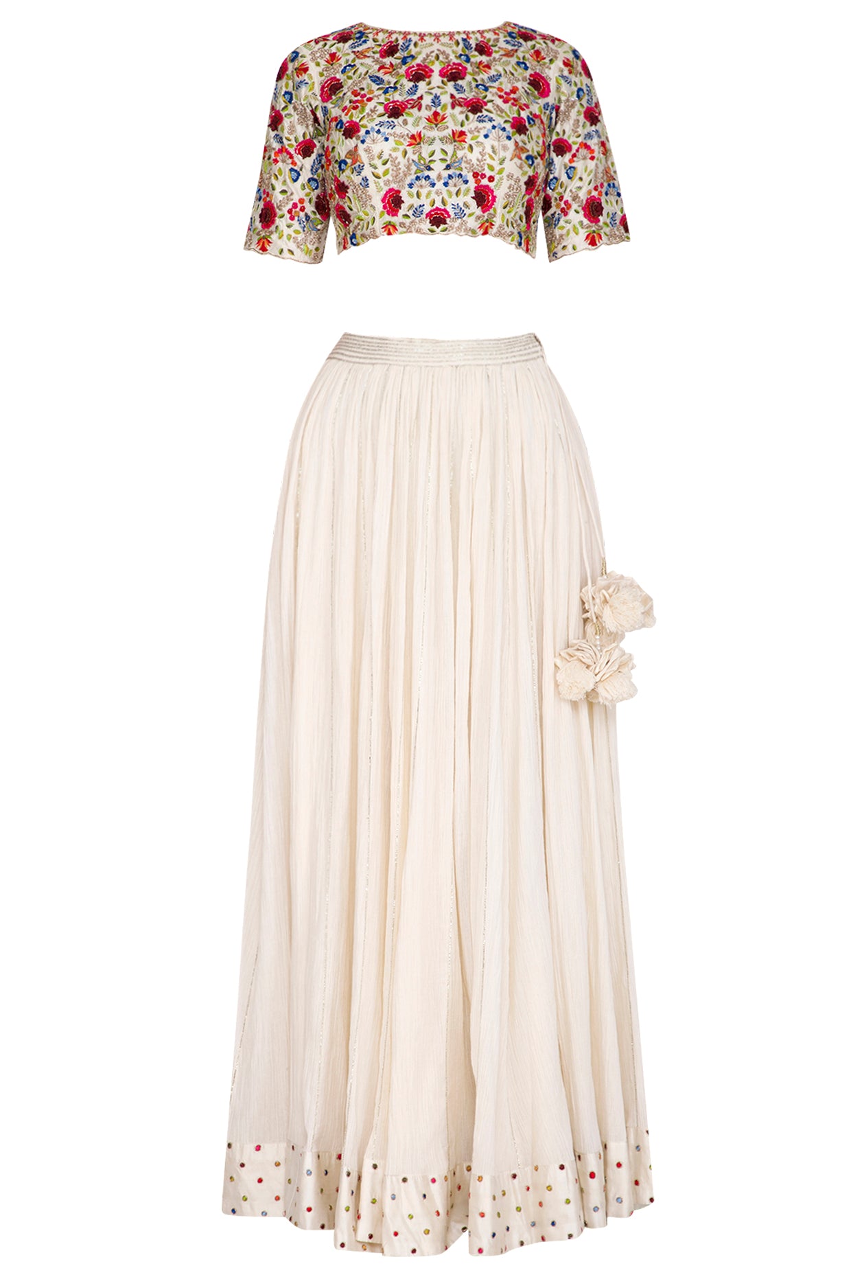 Ivory Lehenga With Multicoloured Embroidered Blouse And Dupatta