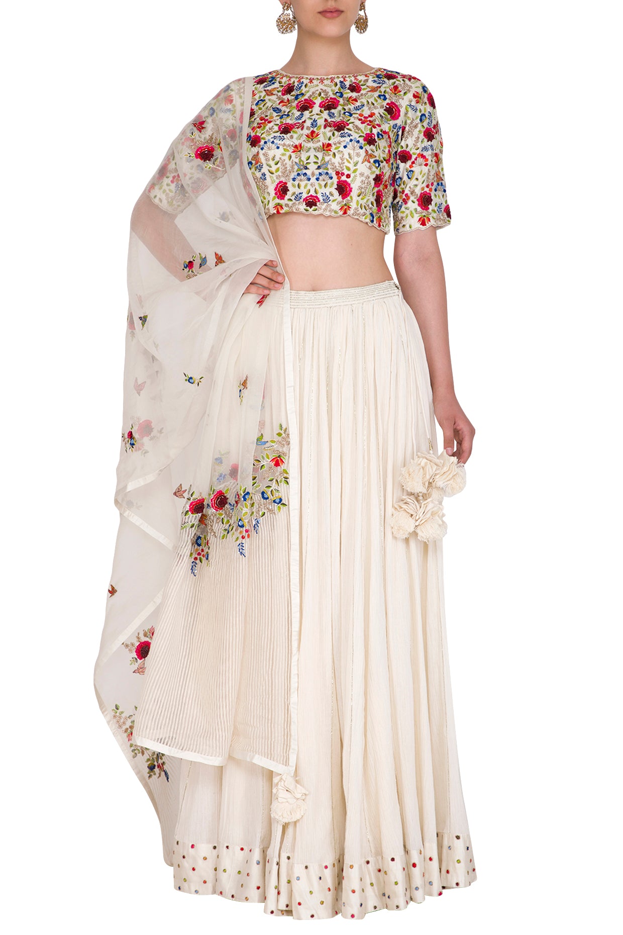Ivory Lehenga With Multicoloured Embroidered Blouse And Dupatta