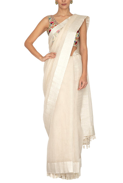 Ivory Stripe Saree With Embroidered Blouse